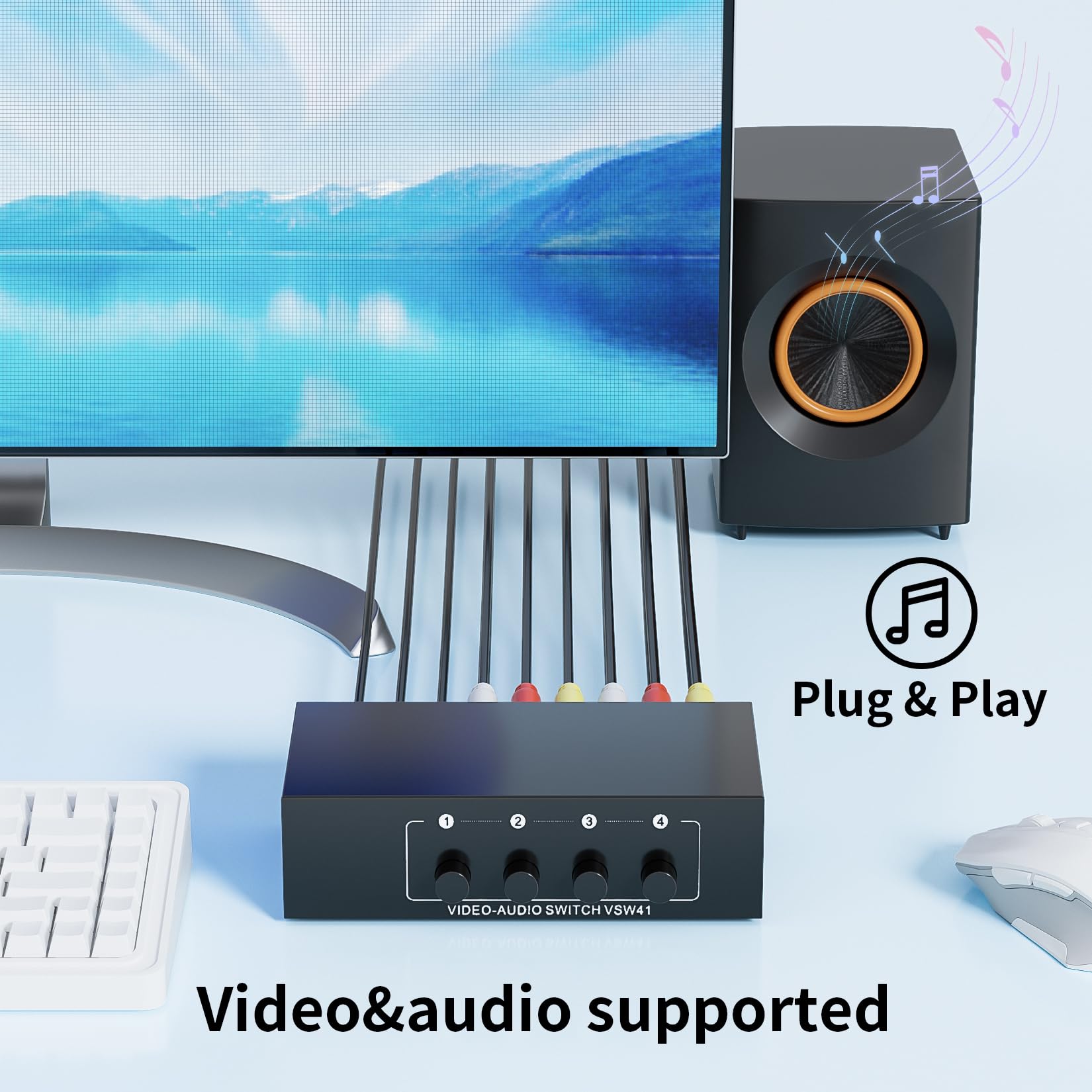 Rca Switch 4 In 1 Out Composite Video L/R Audio Selector Box 4X1, Bolaazul 4 Way Rca Switcher   4 Port Av Selector Switch   Plug