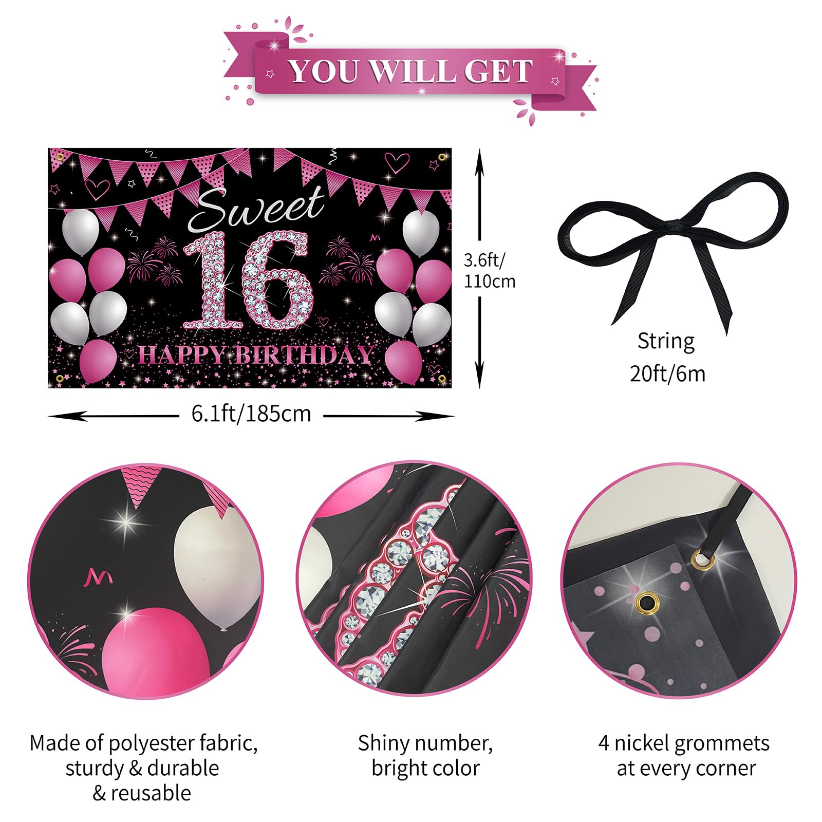 Htdzzi Sweet 16 Birthday Backdrop Banner Hot Pink, Sweet Sixteen Party Decorations, Happy 16Th Birthday Decorations For Girls, 1