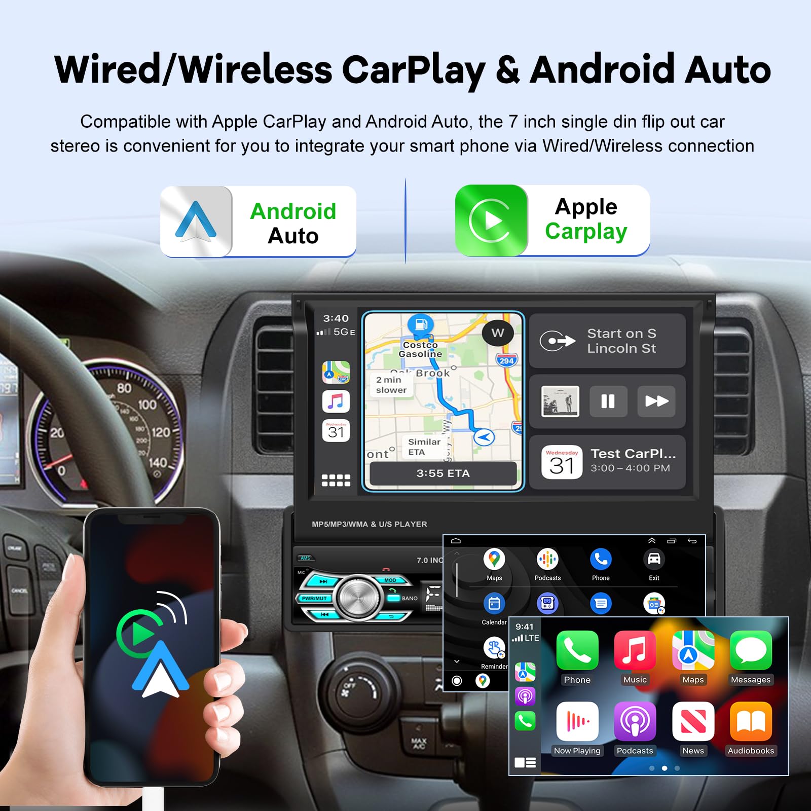 Single Din Flip Out Screen Car Stereo With Wireless Carplay And Android Auto, 7 Inch 1 Din Touch Screen Radio Support Bluetooth/