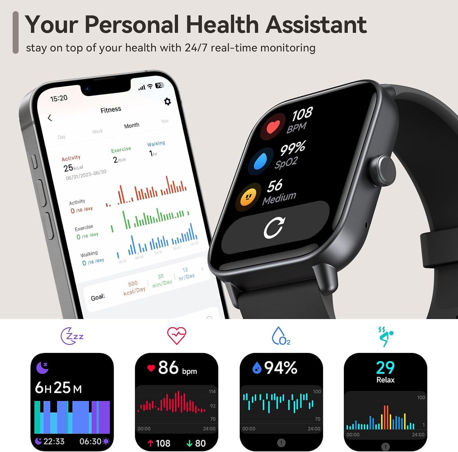 Aeac Smart Watches For Men Women, 1.8'' Alexa Built In Fitness Tracker Watch For Android Iphone, Bluetooth Calls, Ip68 Waterproo