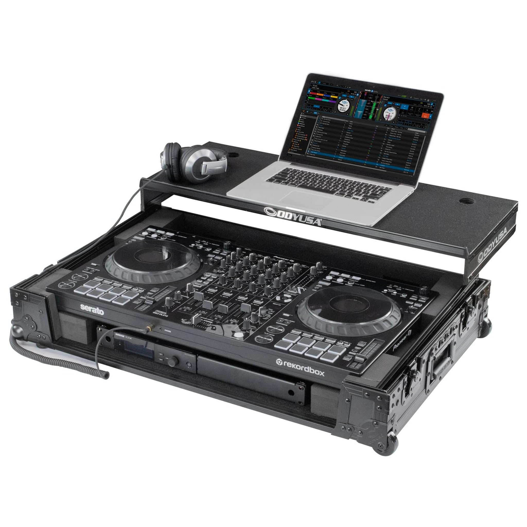 Odyssey Compatible with Pioneer DJ DDJ-FLX10, FZGSDDJFLX10CWBL Black Label 1U Flight Case with Glide Style Laptop Platform and C