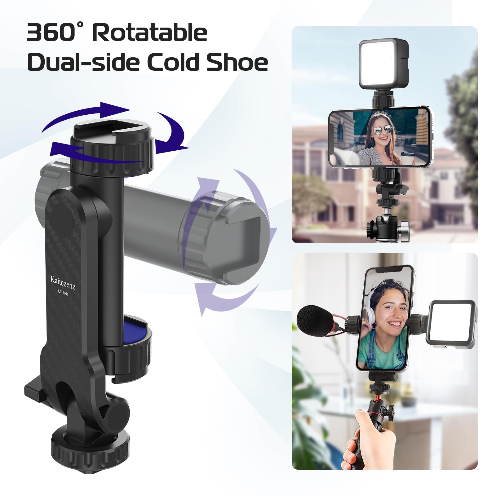 Kaitezenz Cell Phone Tripod Mount, Universal Tripod Phone Mount With 2 Cold Shoes, 360 Rotates 180 Tilts Camera Hot Shoe Phone M