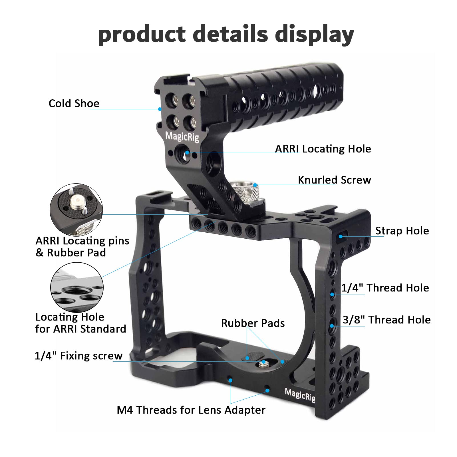 Magicrig A7Iii / A7Riii Full Camera Cage Rig And Arri Locating Top Handle,With 5 Cold Shoe Mounts, 1/4'' & 3/8'' Arri Holes, For