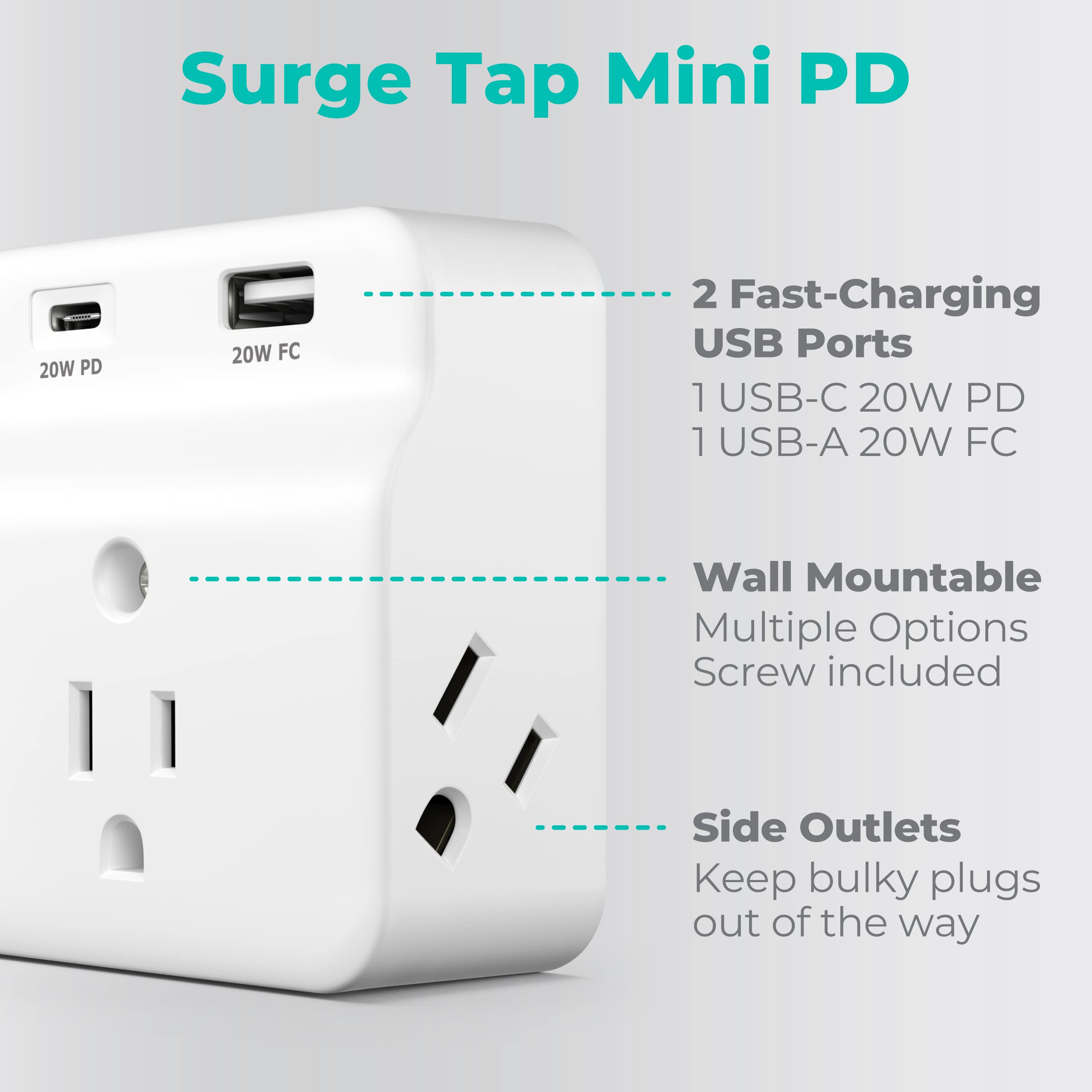 Kmc Usb C Pd Surge Protector 3 Outlet Wall Tap, Usb C Power Delivery Charger And Usb A Fast Charging Port, 500J Surge Protection, Wall Mountable Outlet Adapter For Home, Office, Dorm Essentials, White
