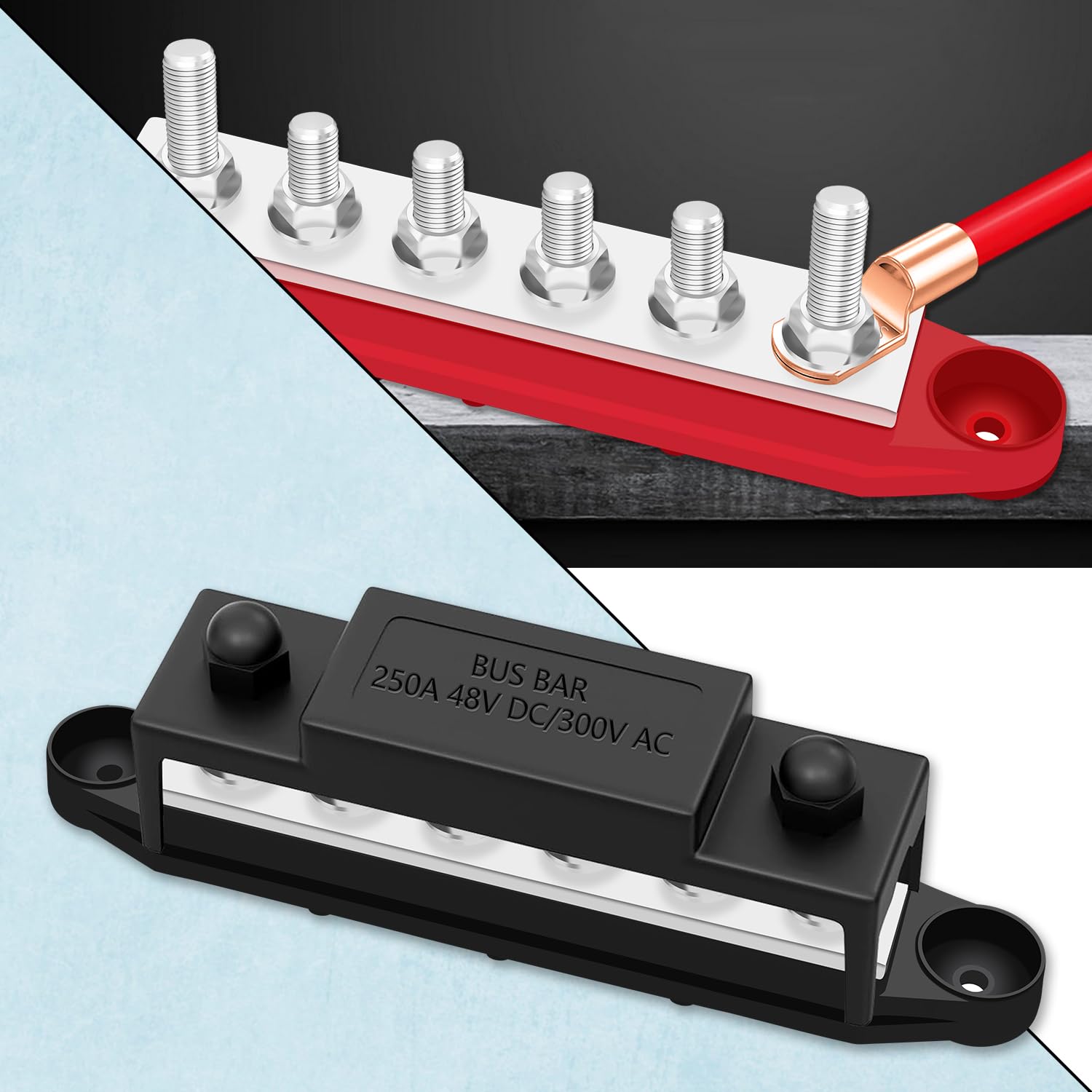 Aienxn 250A 12V Bus Bar Marine, 1/4'' Power Distribution Block, Battery Buss Bar, Automotive Busbar Terminal Block For Car And B