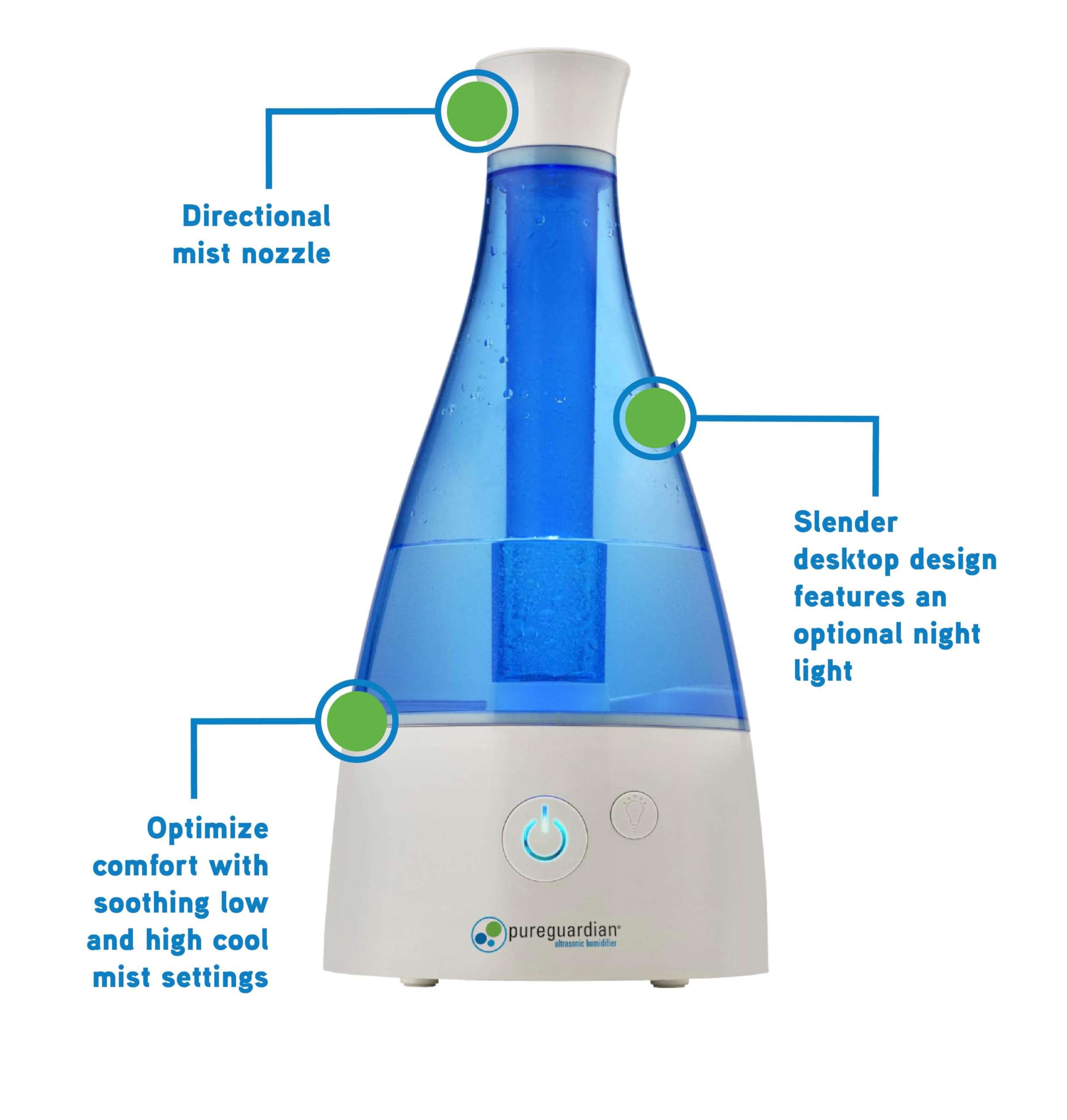 Pureguardian Ultrasonic Cool Mist Humidifier, 30 Hrs. Run Time, 0.5 Gal. Tank Capacity, 350 Sq. Ft. Coverage, Small Rooms, Quiet