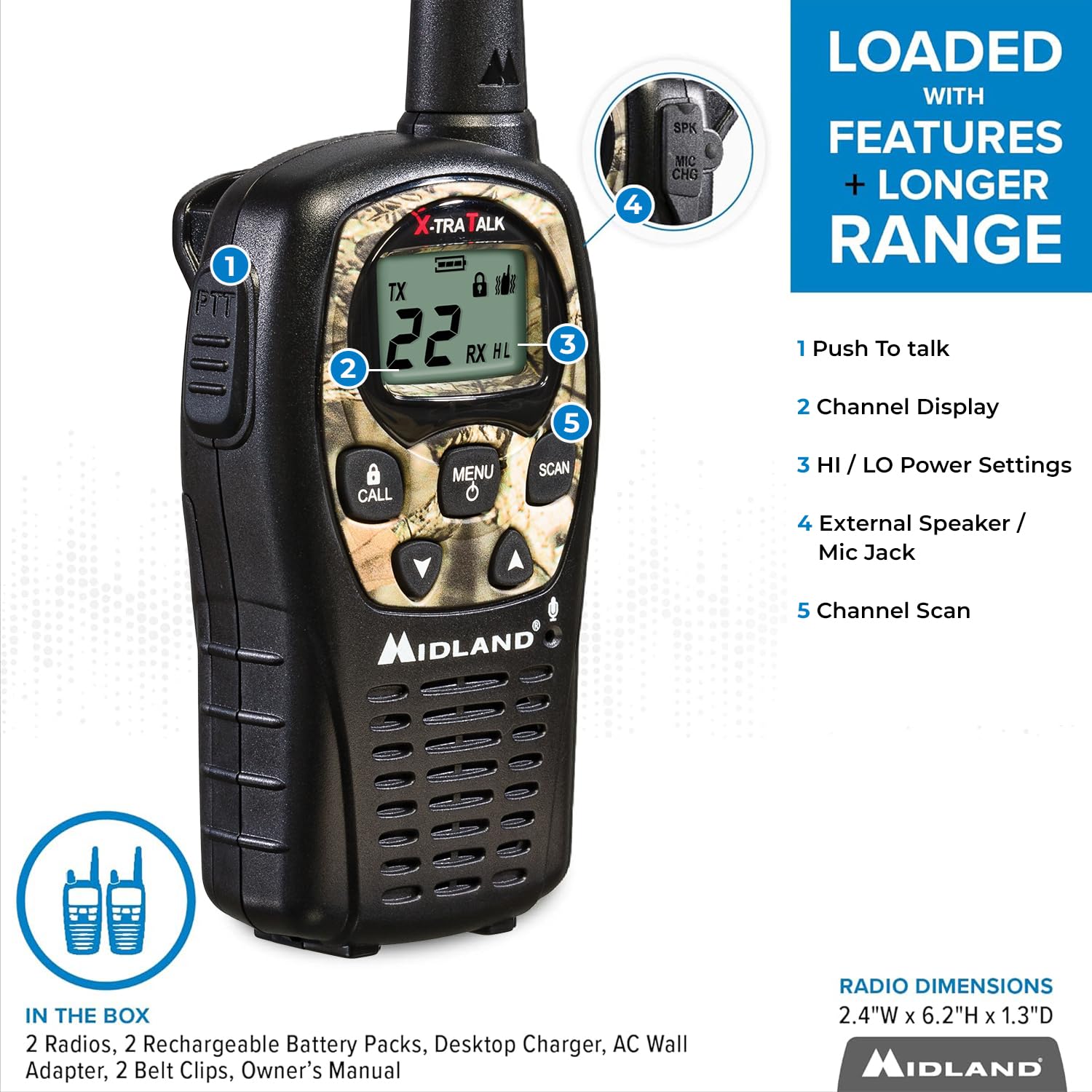 Midland Lxt535Vp3 Frs Walkie Talkie   Long Range Two Way Radio Channel Scan, Silent Operation (Mossy Oak Camo, 2 Radios)