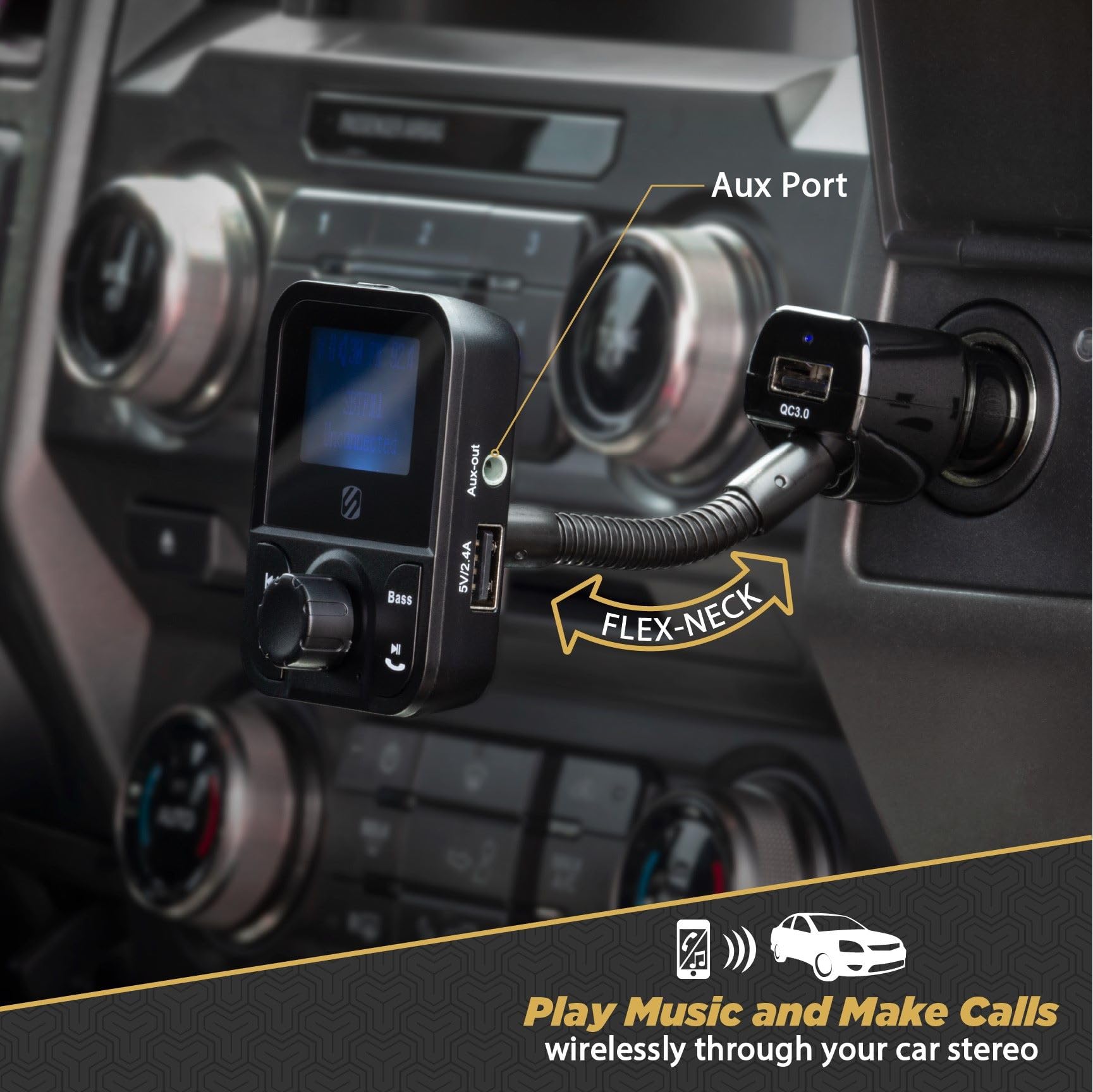 Scosche SBTFM1 XCES0 Bluetooth 5.0 FM Transmitter w/ Dual USB Charger Ports, LCD Screen, Adjustable Neck & Aux Port, Wireless Radio Bluetooth Adapter, Hands Free Car Kit for Phone Calls & Music Player