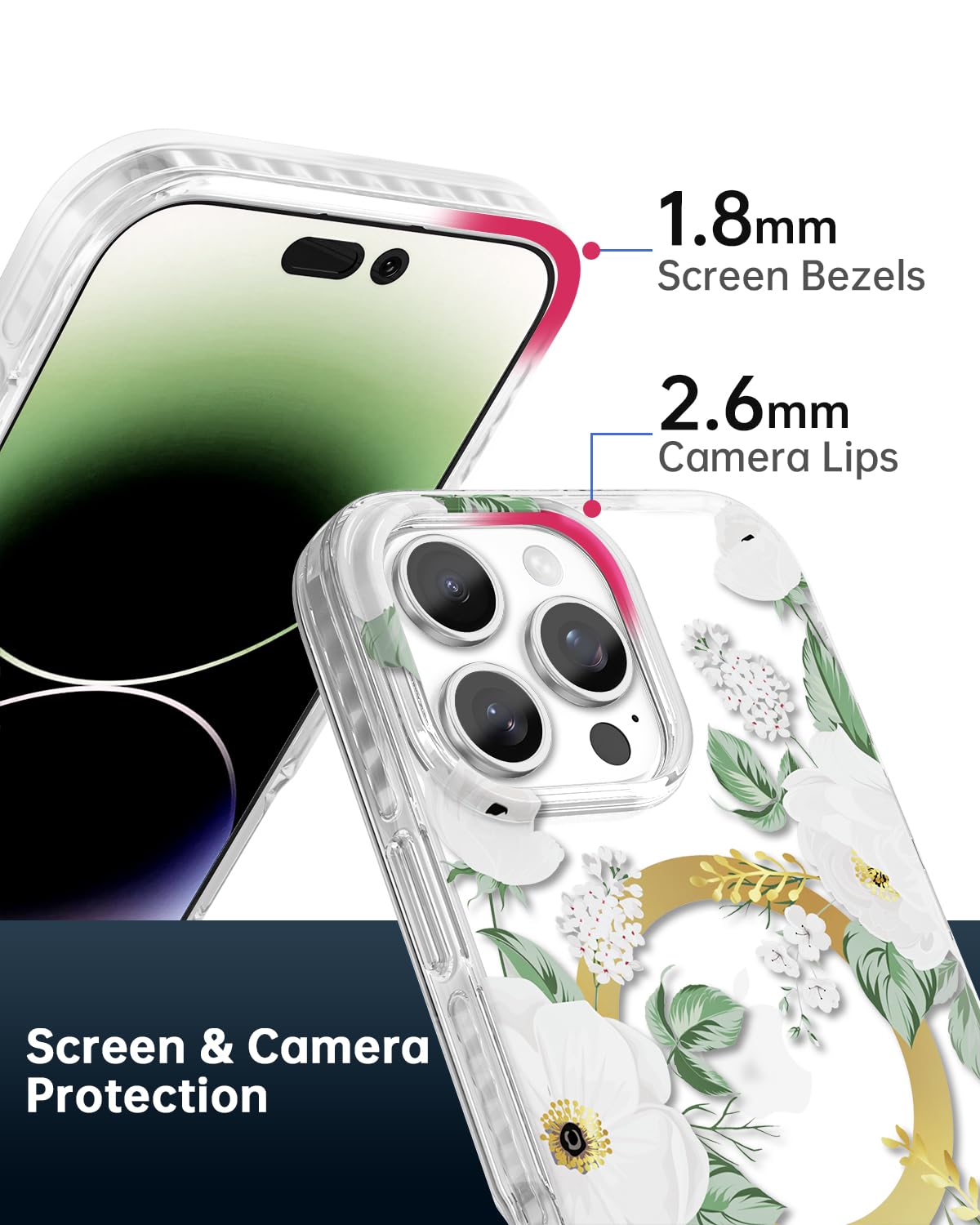 Scorpify For Iphone 16 Pro Max Case [Compatible With Magsafe] With White Rose Floral Design, Cute Clear Flower Magnetic Phone Co