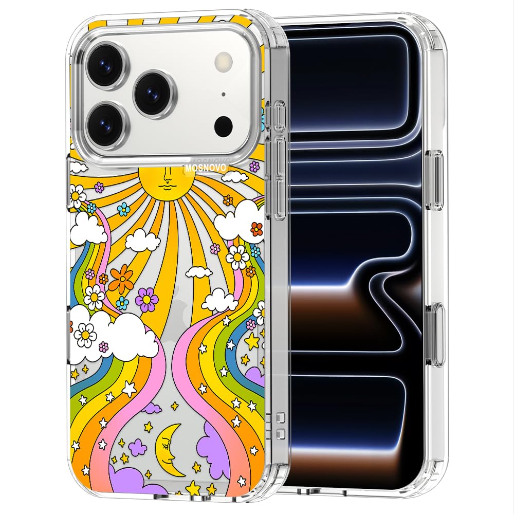 MOSNOVO for iPhone 17 Pro Case | Military Grade 6.6ft Drop Tested | Camera Control | Clear with 70s Psychedelic Groovy Art Desi
