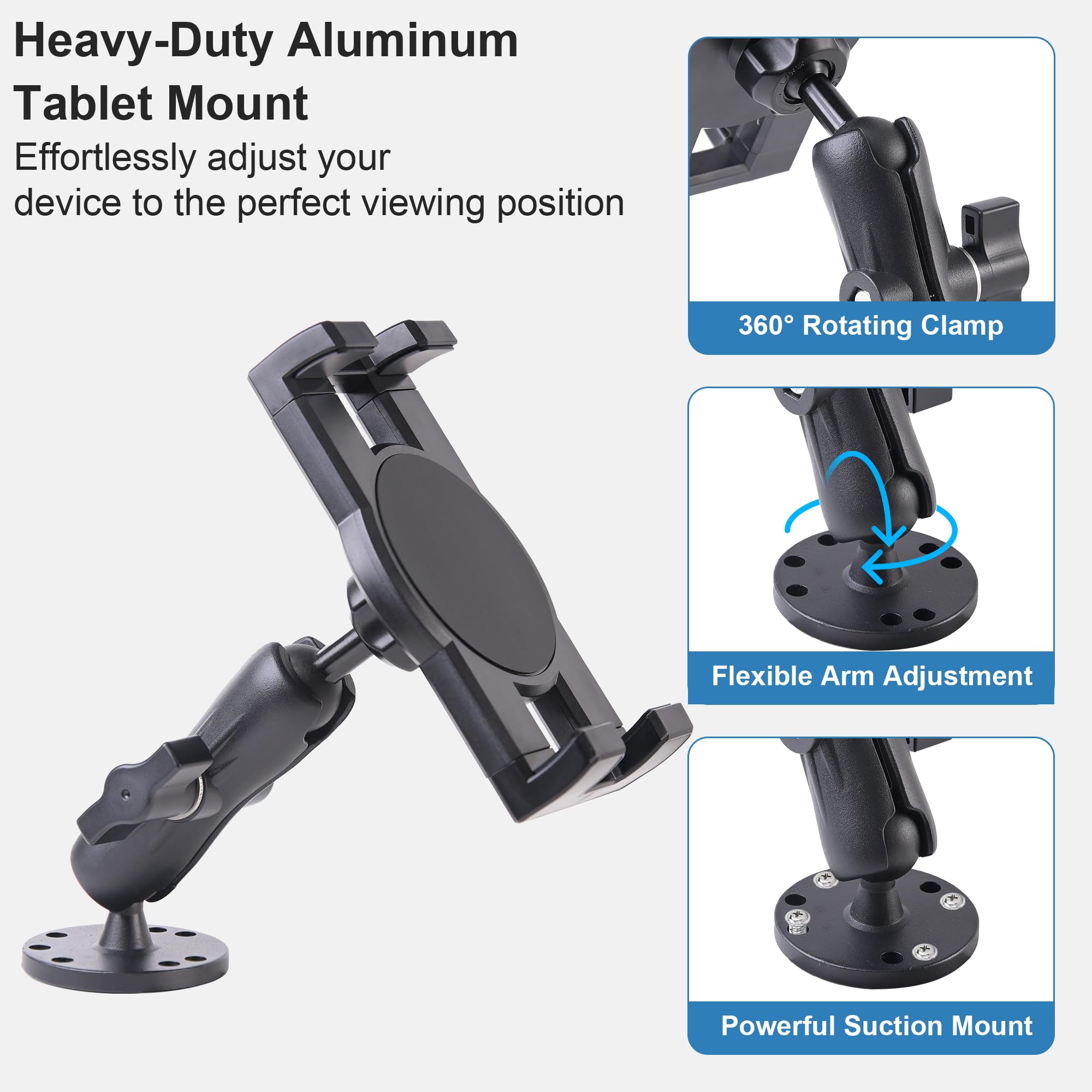 Teqable Industrial Tablet Mount For Truck&Vehicle, Heavy Duty Drill Base Ipad Mount Holder For Car, Adjustable Aluminum Arm, Com