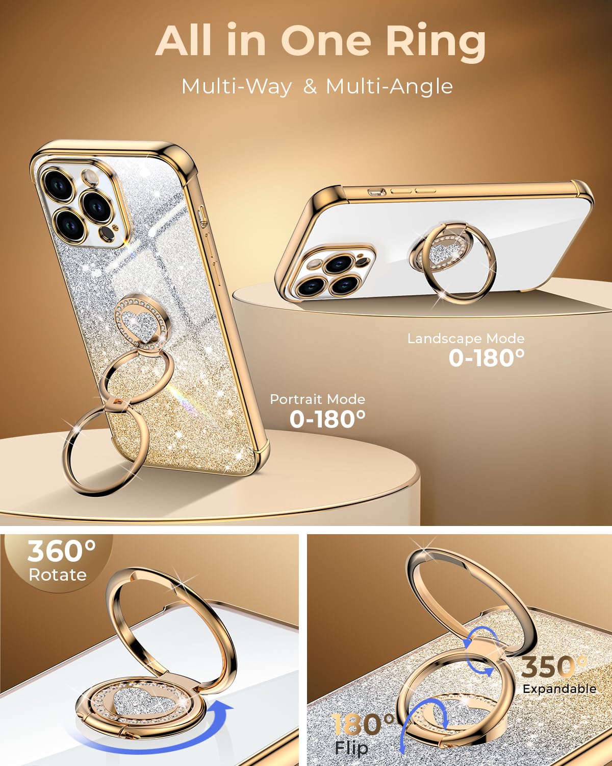 Xyz For Iphone 13 Pro Case With Stand, Phone Case With Double Ring Kickstand, Women Girls Bling Luxury Glitter Clear Phone Case