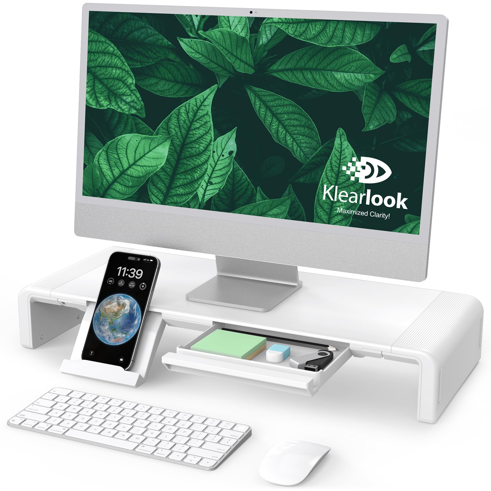 Monitor Stand Riser, Klearlook Foldable, Height Adjustable Computer Stand, Desk Shelf Riser With Storage Drawer &Tablet Phone St