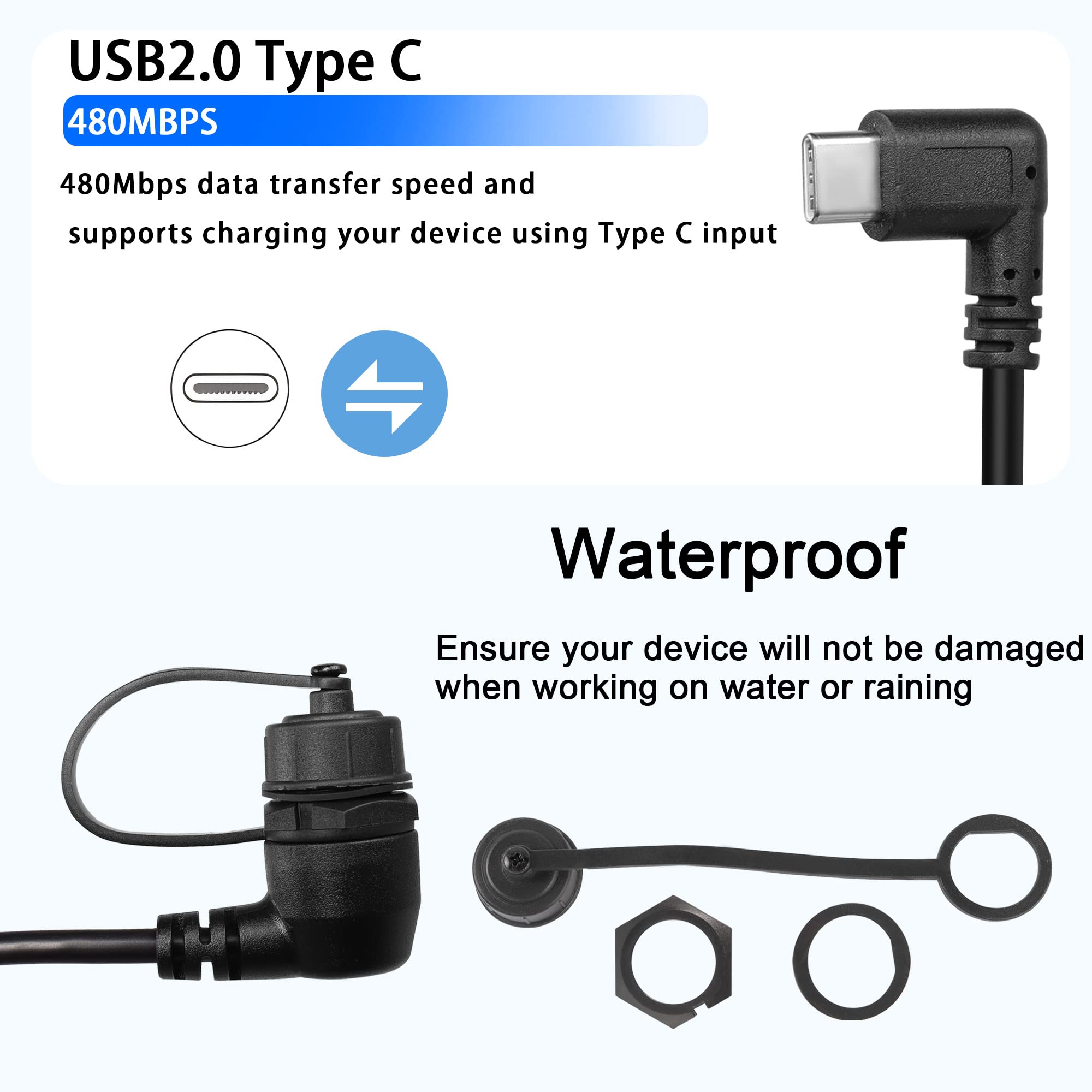 Qianrenon 90 Degree Angle Usb C Flush Panel Mount Cable Usb Type C 2.0 Female To Male Right Angle Waterproof Extension Cable, Th