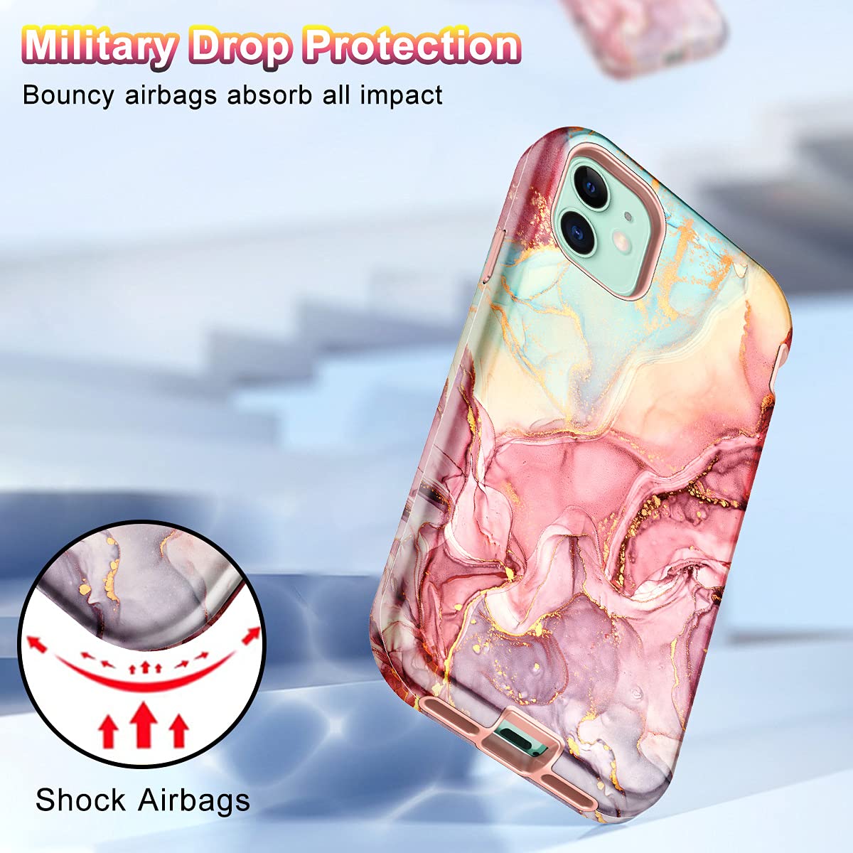 Casefiv Compatible With Iphone 11 Case,Marble Pattern 3 In 1 Heavy Duty Shockproof Full Body Rugged Hard Pc+Soft Silicone Drop P