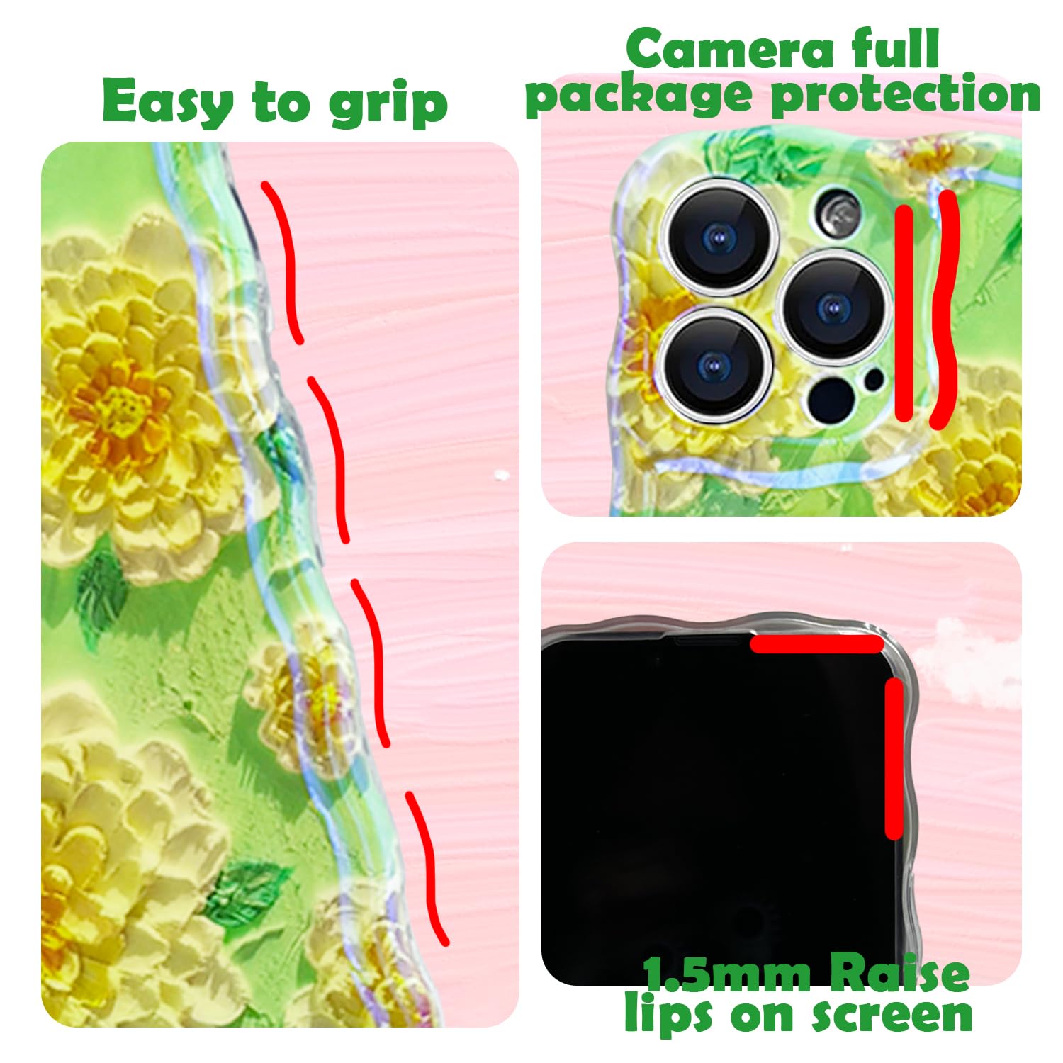 Gauterf Case For Iphone 14 Pro Case,Cute Colorful Retro Oil Painting Printed Rose Flower Laser Glossy Pattern,Curly Wave Edge So