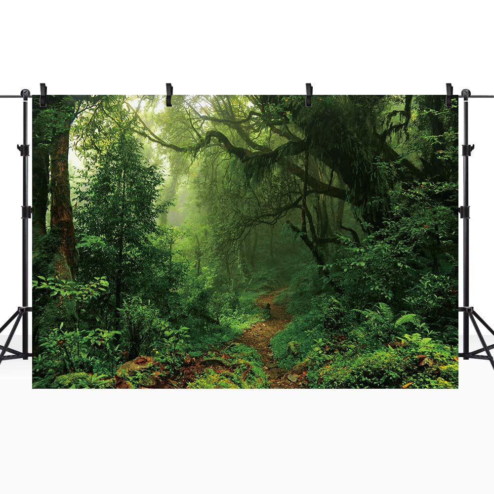 Riyidecor Jungle Rainforest Backdrop Fabric Polyester Spring Enchanted Nature Trees Green Dreamland Dirt Road Photography Background 7Wx5H Feet Decoration Props Party Photo Shoot Backdrop