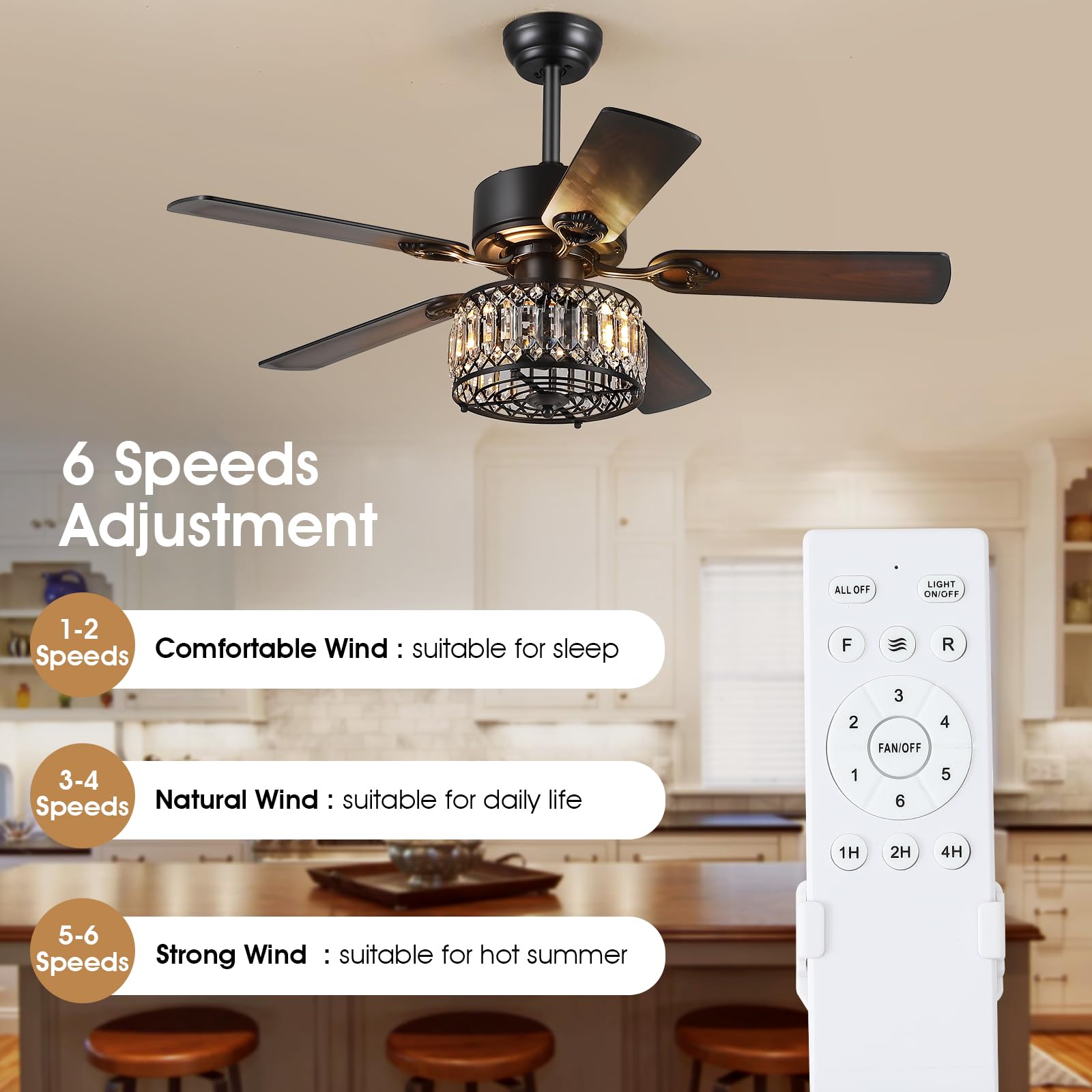 Kviflon Chandelier Ceiling Fans With Lights, Crystal Ceiling Fan With Remote, 48 Inch Farmhouse Fandelier Ceiling Fan For Living