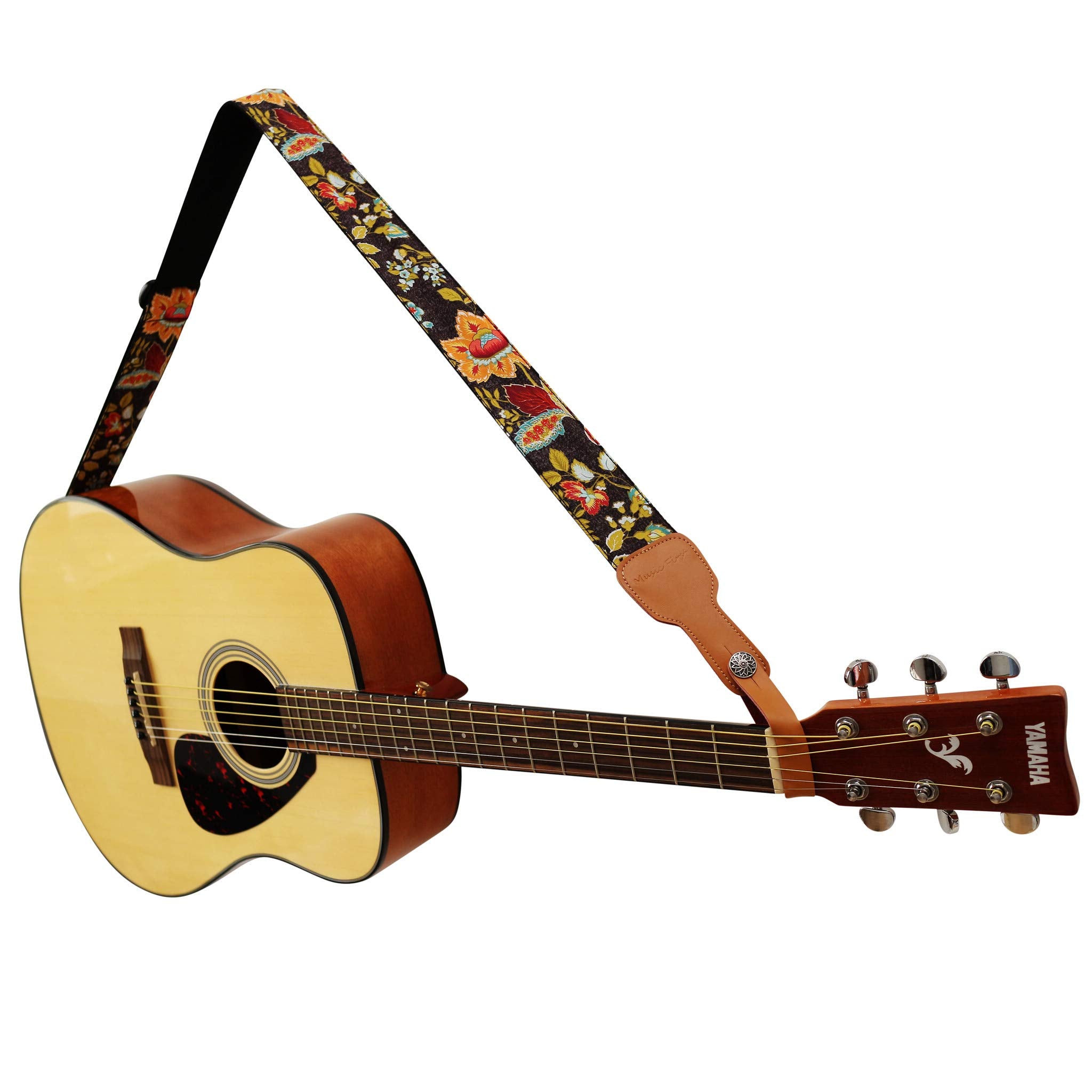 Music First Original Design, 2 Inch Width (5Cm), Vintage French Country Style Floral    Soft Muslin & Genuine Leather Delux Guit