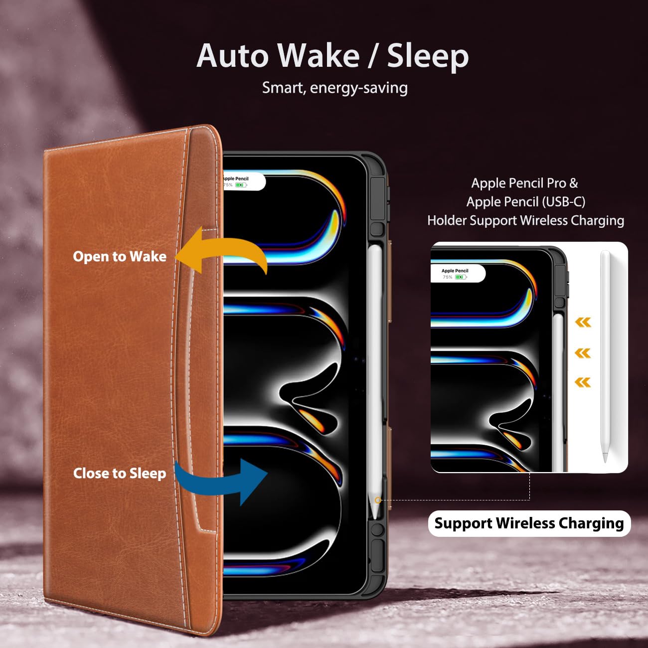 MoKo for iPad Pro 13 Inch Case 2024 (M4) with Pencil Holder & Pocket, Built in Hand Strap, Multi Angle Viewing, Premium PU Leather Folio Cover for iPad Pro 13 2024, Brown