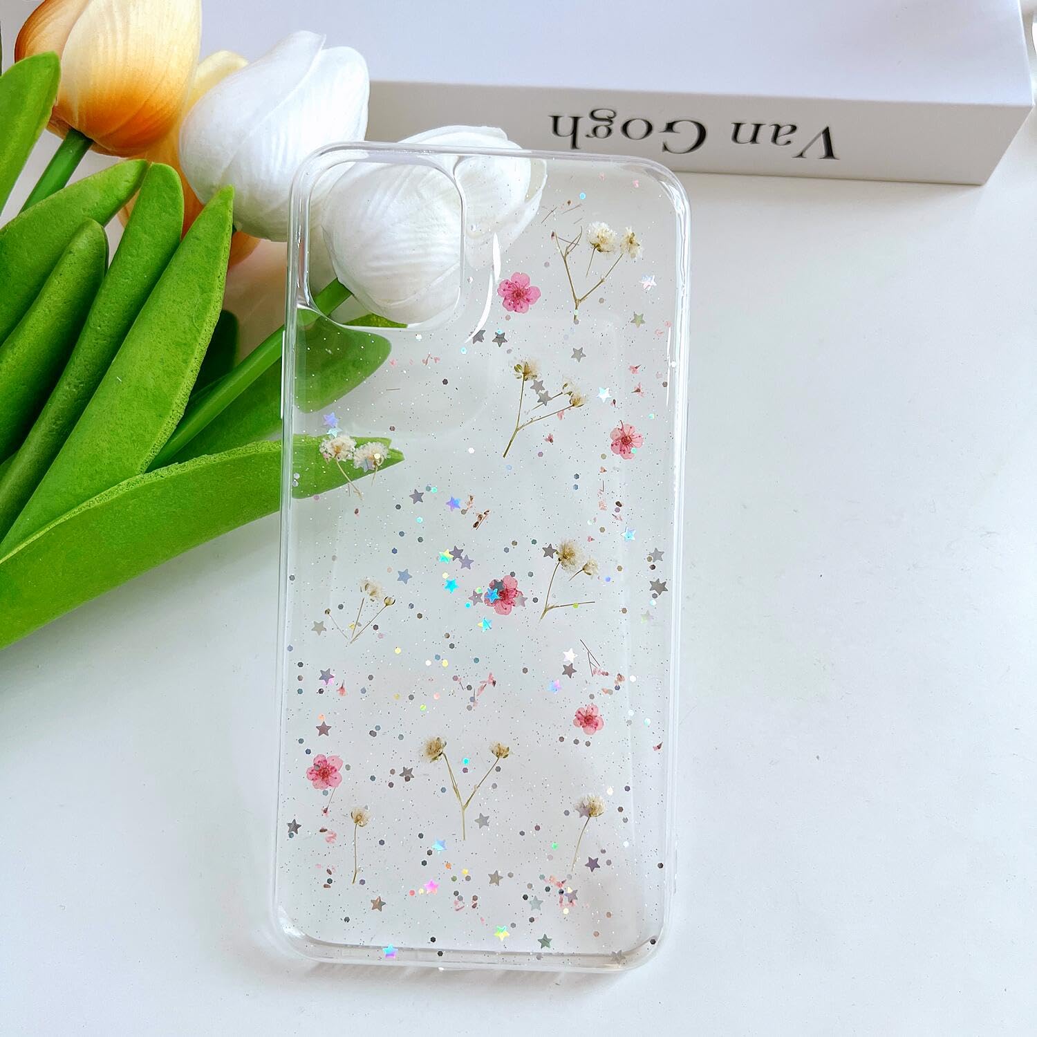 Lseeka For Iphone 11 Pro Clear Case With Pressed Real Flowers Design,Glitter Cute Pink Floral Pattern Slim Soft Tpu Protective W