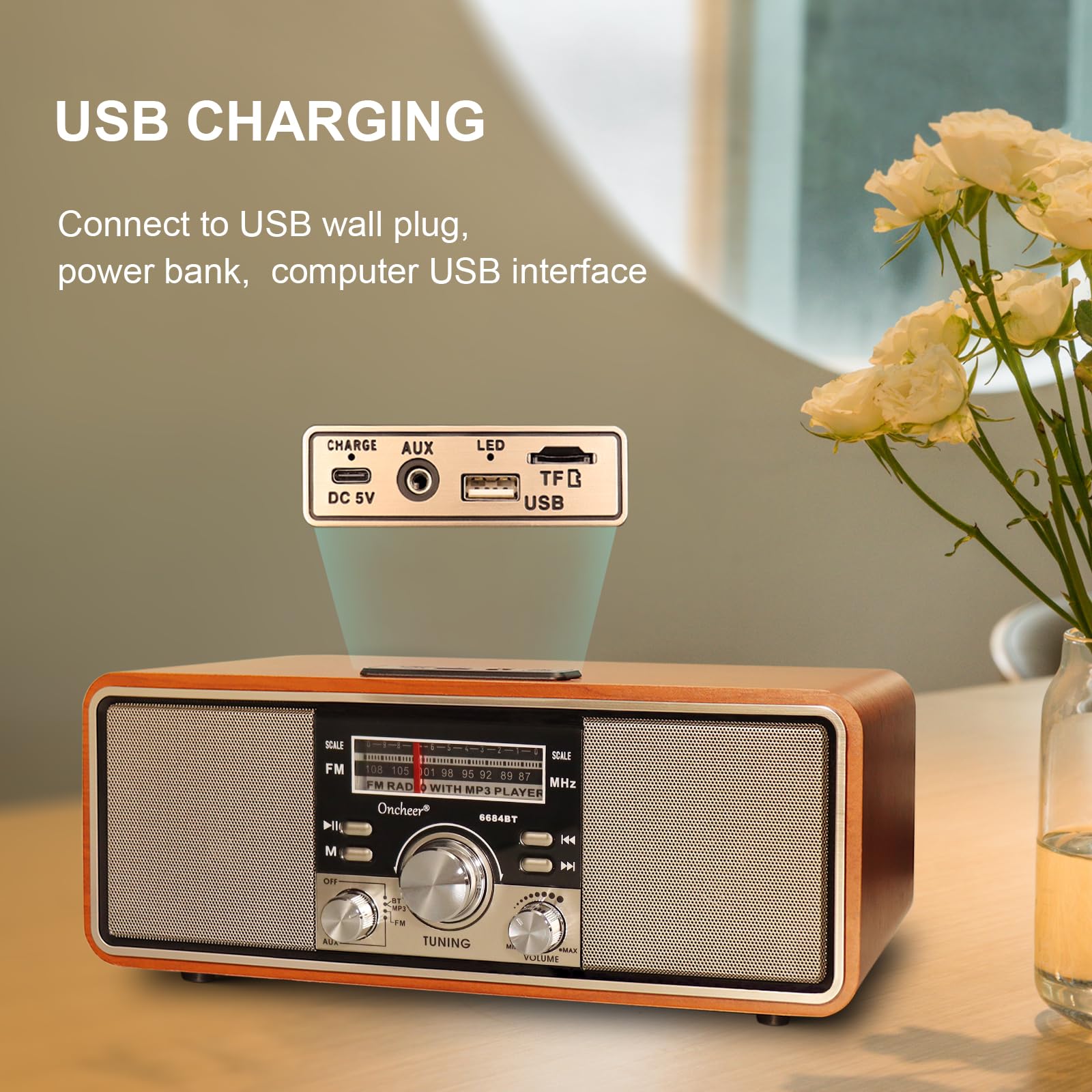 Oncheer Retro Vintage Fm Radio For Home, Wood Speaker Radios With Bluetooth Tws Pairing, Dual Horns Loud Sound, Battery Powered,