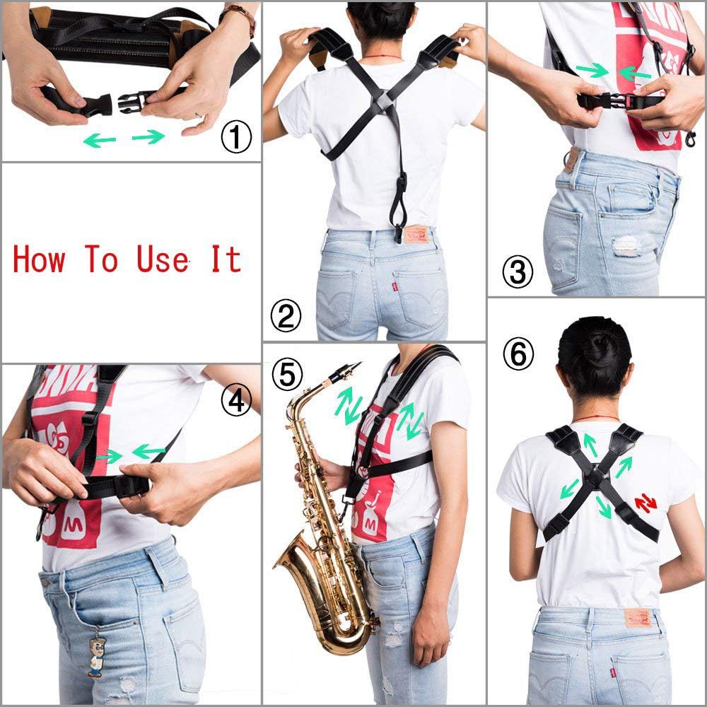 Rayzm Saxophone Strap, Universal Double Shoulder Leather Strap For Sax, Adjustable Padded Harness Strap For Alto Tenor Baritone