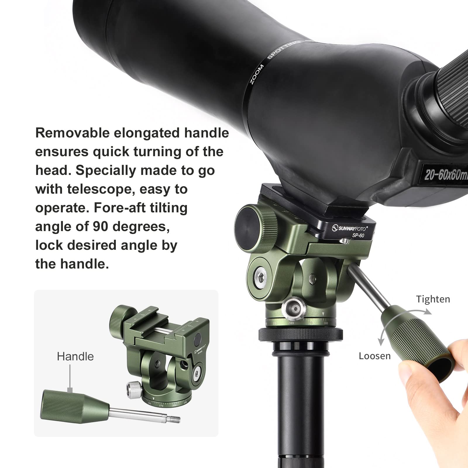 Sunwayfoto Ph-01G 2-Way Pan Tilt Head, Arca/Rrs/Picatinny Compatible, Od Green, 360 Rotation, 90 Tilt, 3Kg Load Capacity