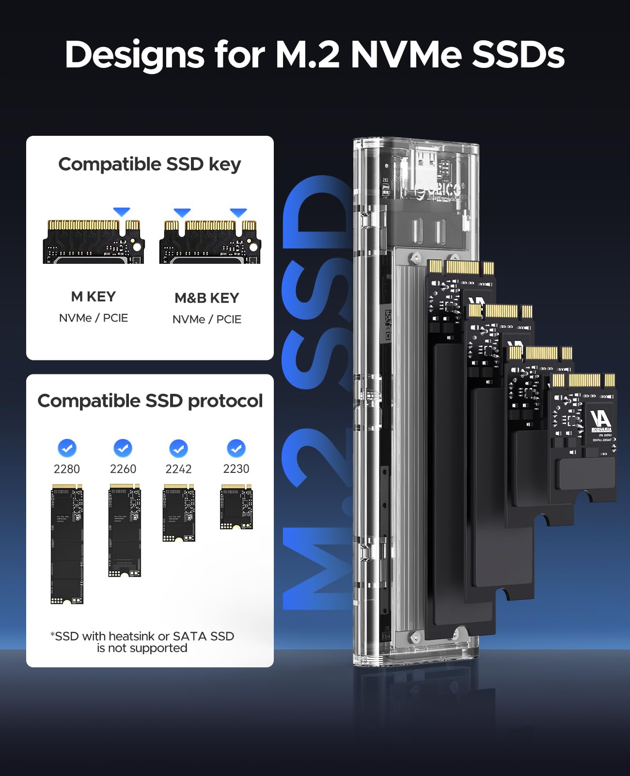 ORICO M.2 NVMe SSD Enclosure, USB 3.2 Gen 2 (10 Gbps), Transparent External Solid State Drive Adapter Enclosure for 2280 2260 2242 2230 PCI E M2 M Key SSD, USB Type C Converter Case TCM2 Silver