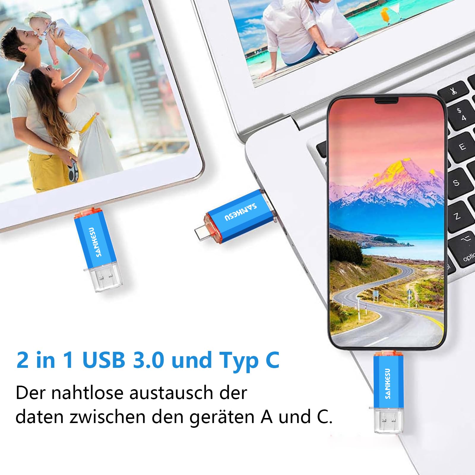 SANKESU USB C Flash Drive 256GB - Dual OTG for Android, PC, Laptop - Blue