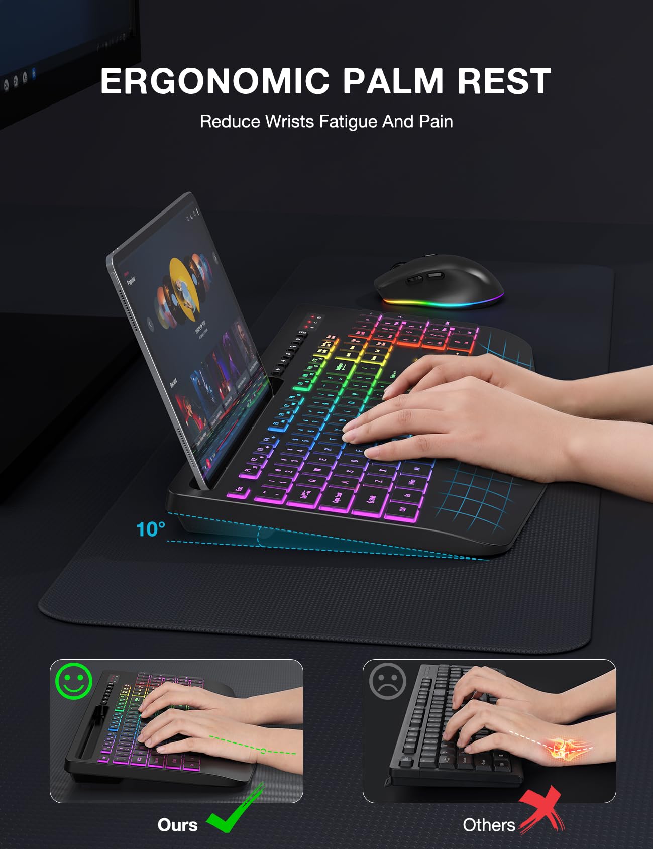 Wireless Keyboard And Mouse Combo, 9 Backlit Effects, Wrist Rest, Phone Holder, 2.4G Lag Free Ergonomic Keyboards, Rechargeable