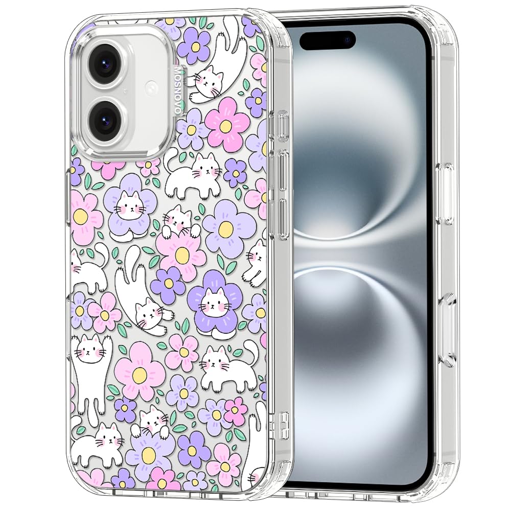 MOSNOVO for iPhone 16 Case, Shockproof Military-Grade Protection 6.6ft Drop Tested, Clear Phone Case for iPhone 16, Cat in Bloom