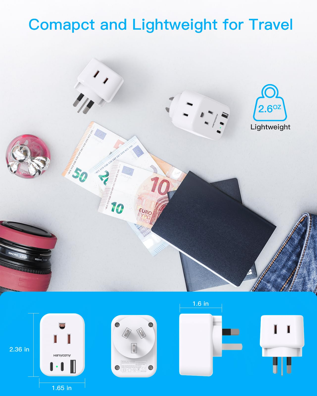 HANYCONY US to Australia Travel Power Plug Adapter, 2 Outlets & 3 USB Ports, Type I, White, 2 Pack, Model HN23T