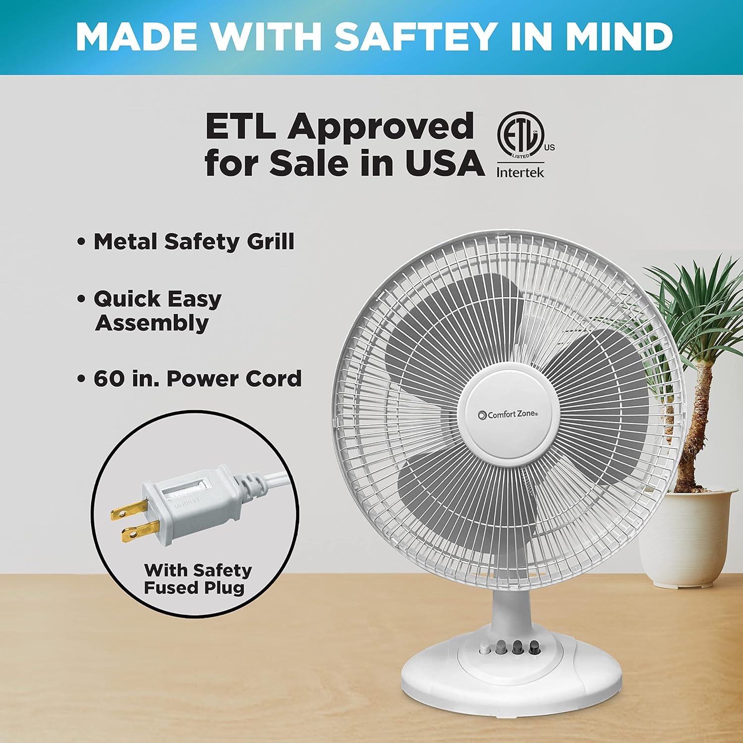 Comfort Zone Oscillating Table Fan With Adjustable Tilt, Convenient Push Button Controls, Quiet, 16 Inch, 3 Speed, Desk Fan, Air