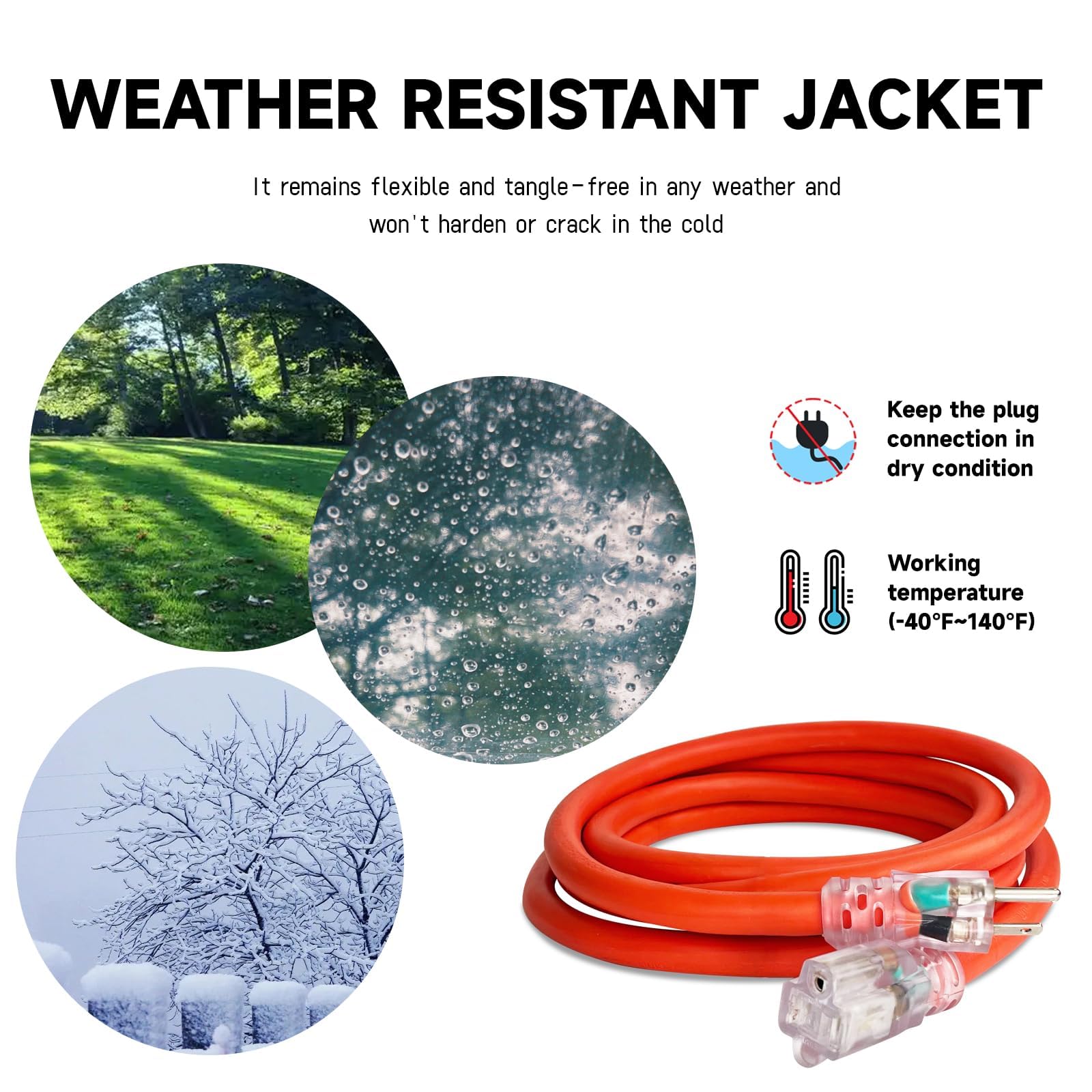 Ep 50 Ft Lighted Outdoor Extension Cord   10/3 Sjtw Heavy Duty Orange Extension Cable With 3 Prong Grounded Plug For Safety, Ul