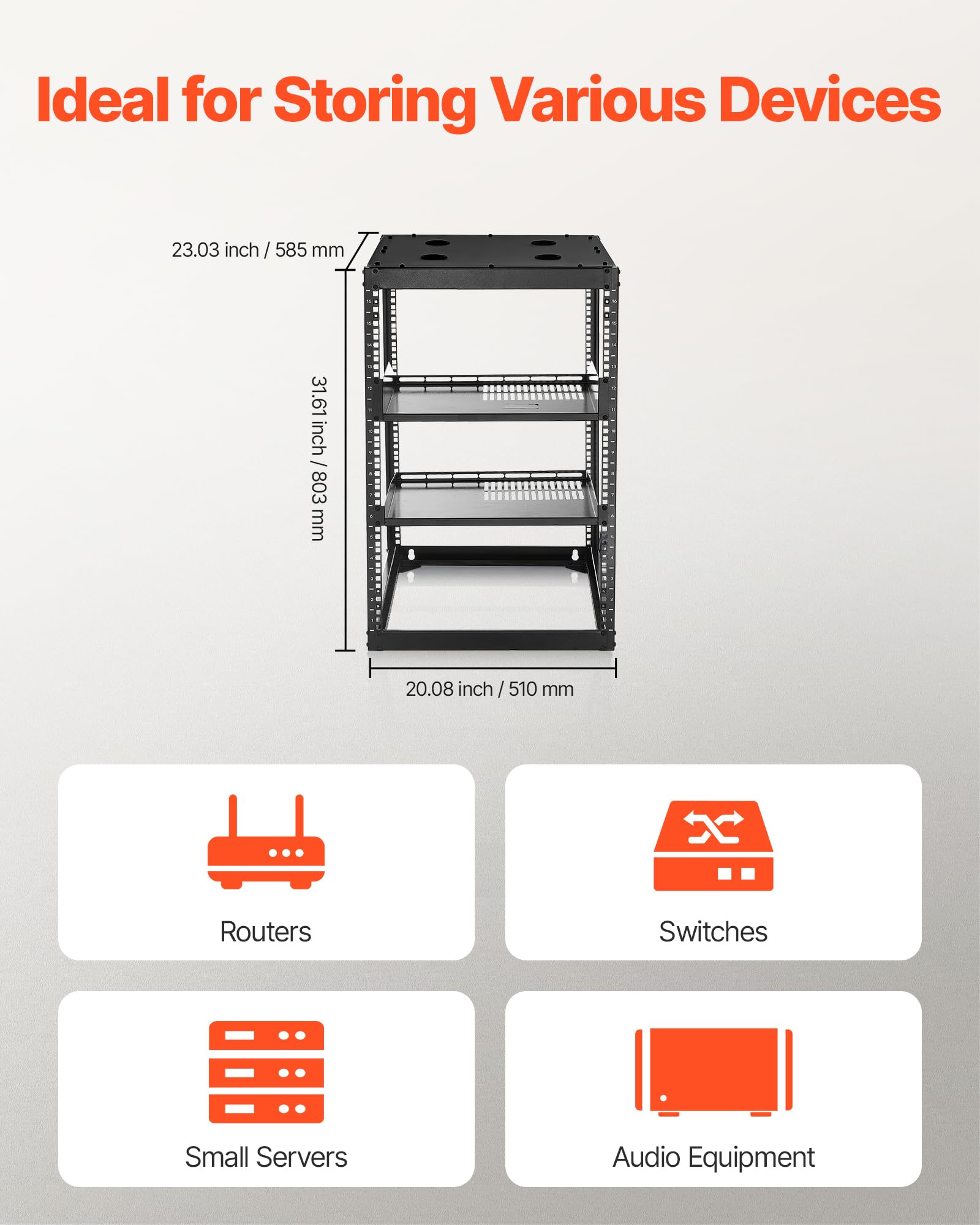 Vevor 16U Open Frame Server Rack & Network Rack, Wall Mounted Or Floor Standing, Heavy Duty 4 Post, With 2Pcs Vented 1U Shelves