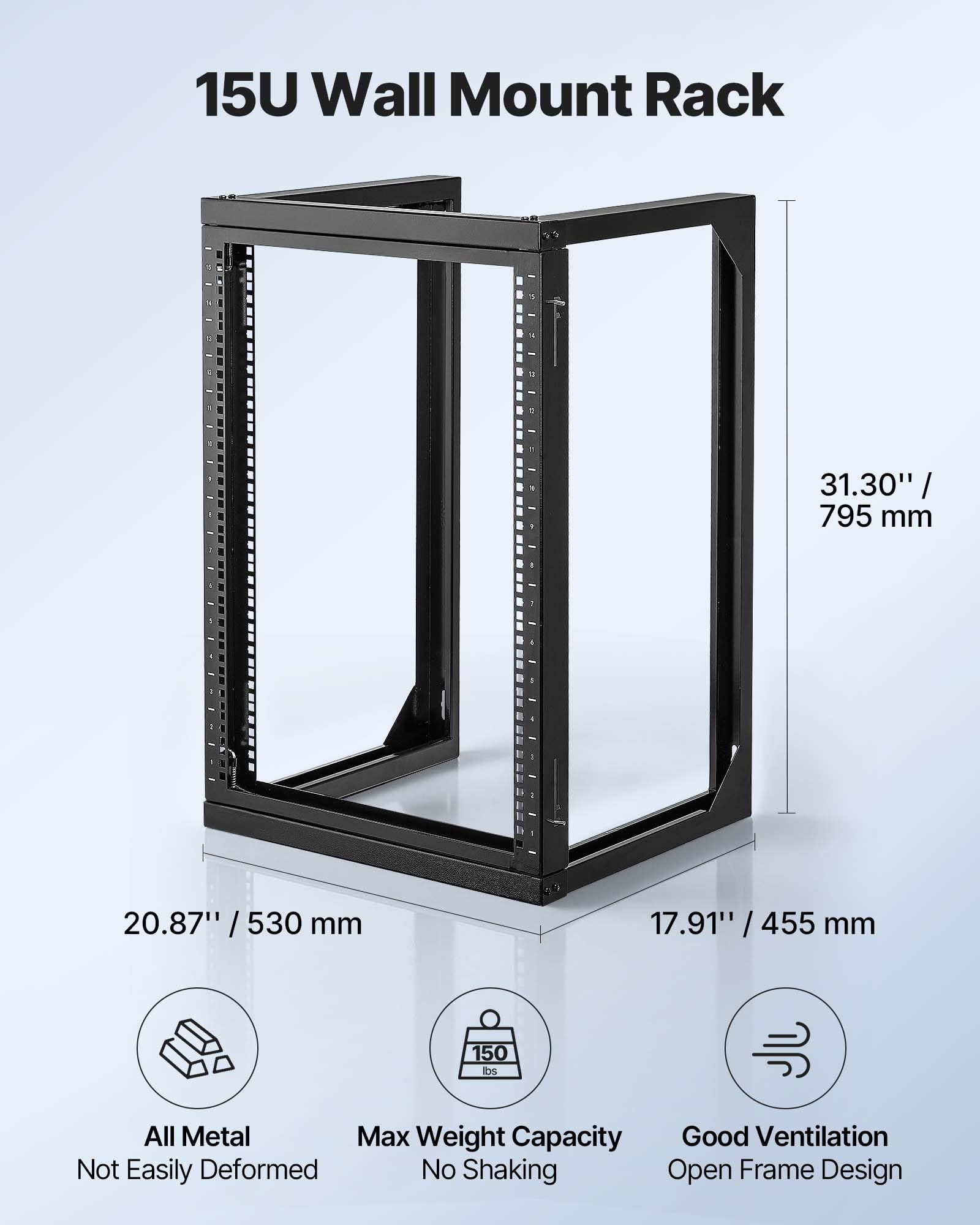 Vevor 15U Open Frame Server Rack, Free Standing Or Wall Mount Rack With 180 Degrees Gate Swing, Network Rack For 19 It Equipment
