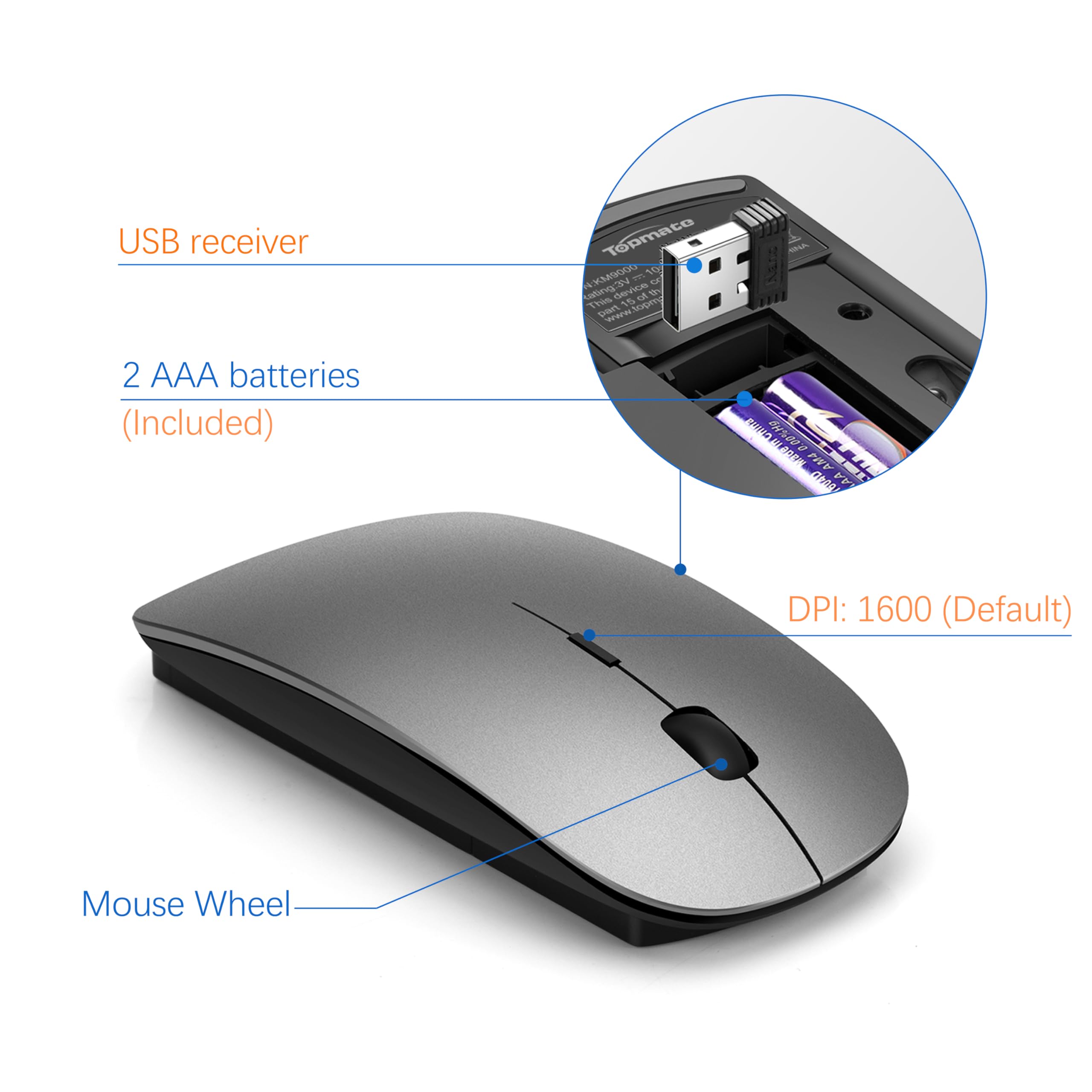 Topmate Wireless Keyboard And Mouse Ultra Slim Combo, 2.4G Silent Compact Usb Mouse And Scissor Switch Keyboard Set With Cover,