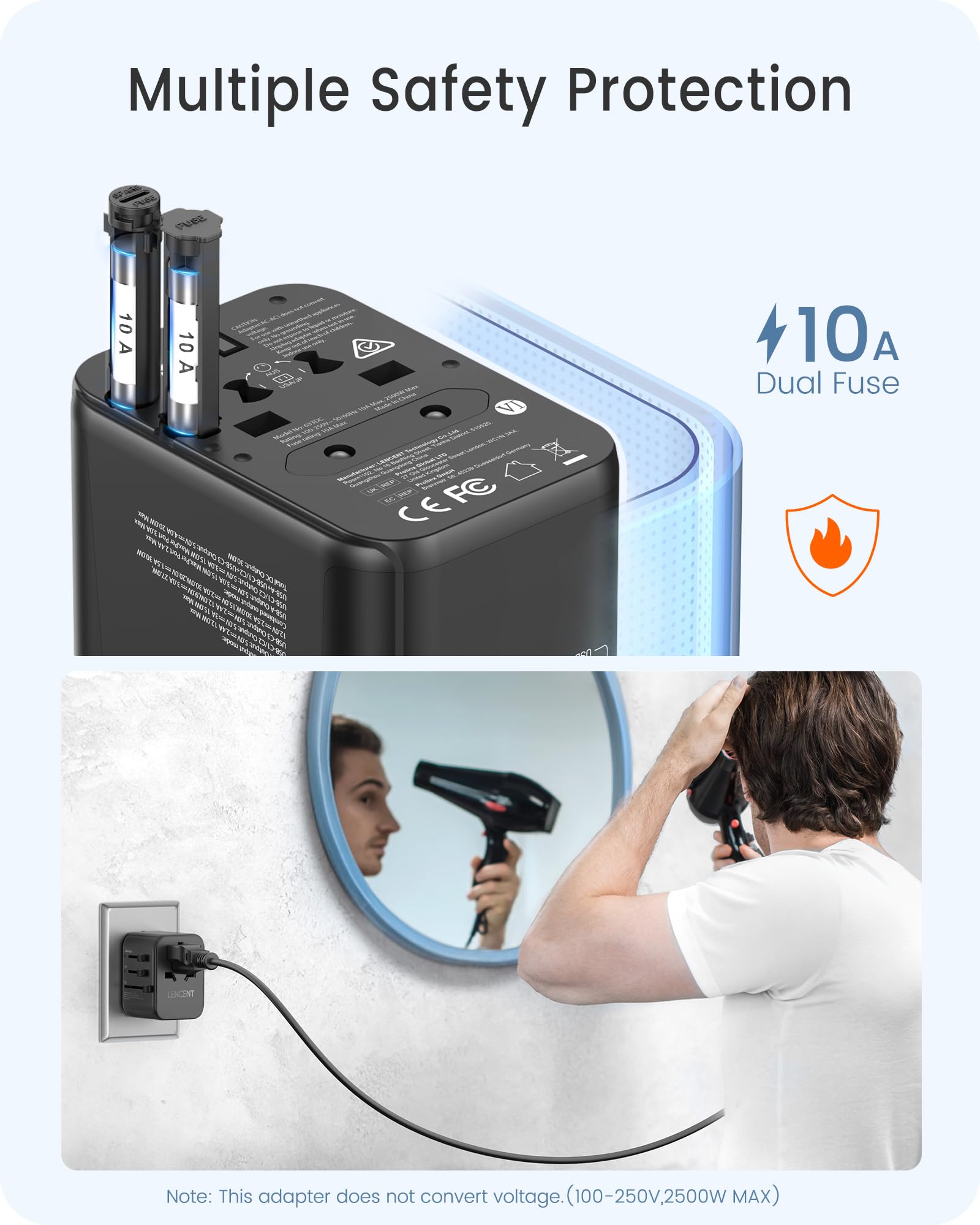 Lencent Universal Travel Adapter, Gan Iii 30W International Charger With 2 Usb Ports & 3 Usb C Pd Fast Charging Adaptor, Worldwi