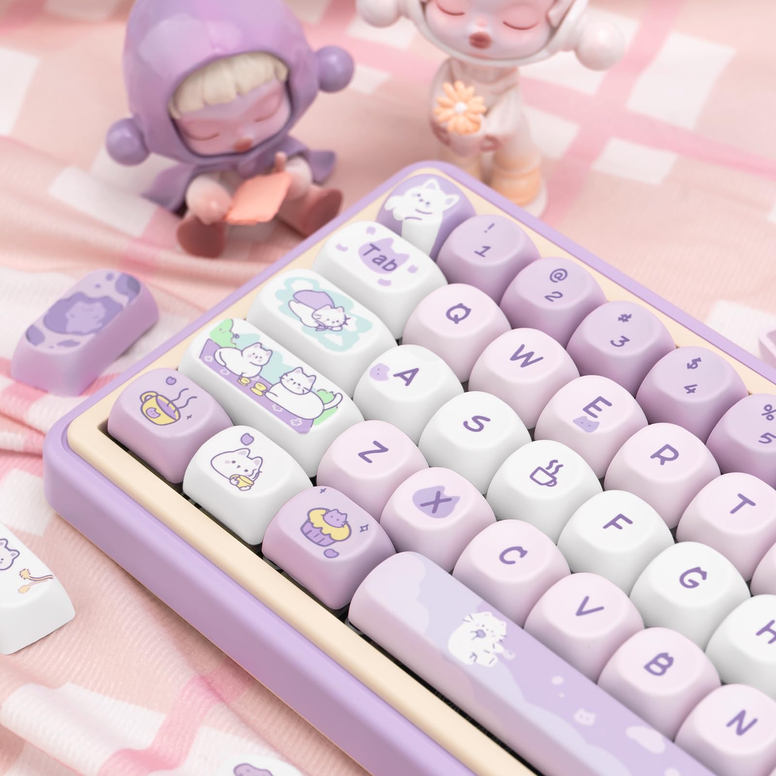 Coomickey Pbt Keycaps, Moa Profile Keycaps 132 Keys Dye Sublimation Purple Cute Cat Customized Keycaps For Ansi Layout Cherry Mx