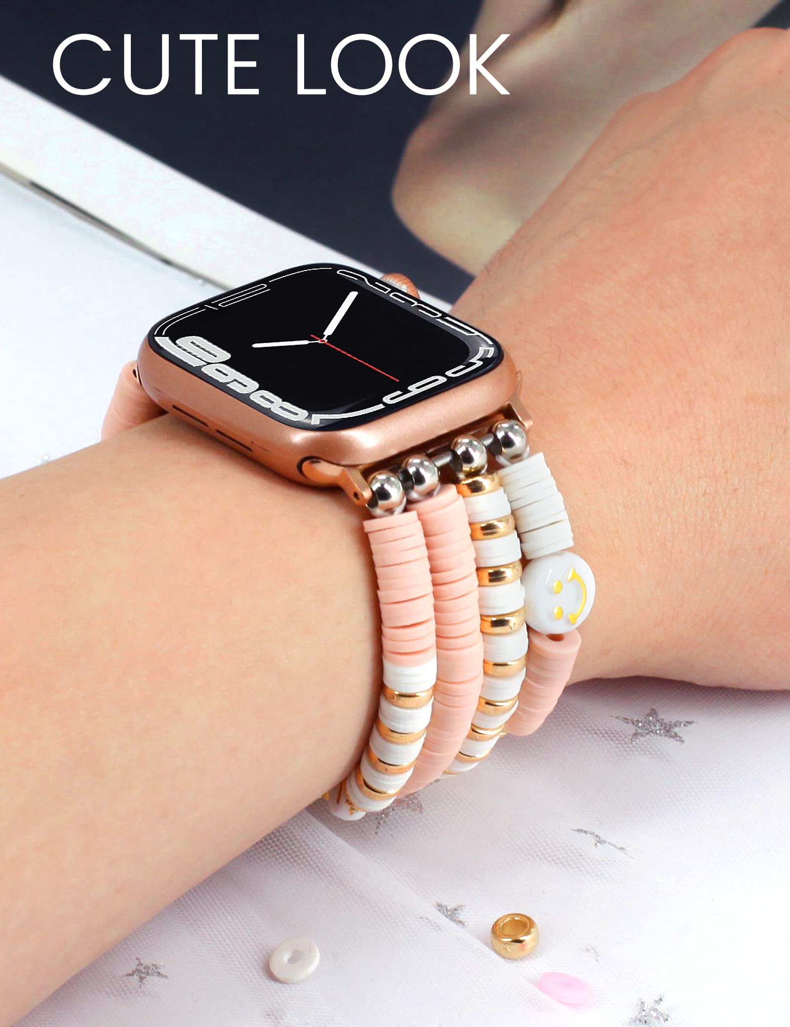 Jr.Dm Beaded Bracelet Compatible With Apple Watch 38Mm 40Mm 41Mm 42Mm 44Mm 45Mm For Women Girls, Cute Stretchy Gold Beads Handma
