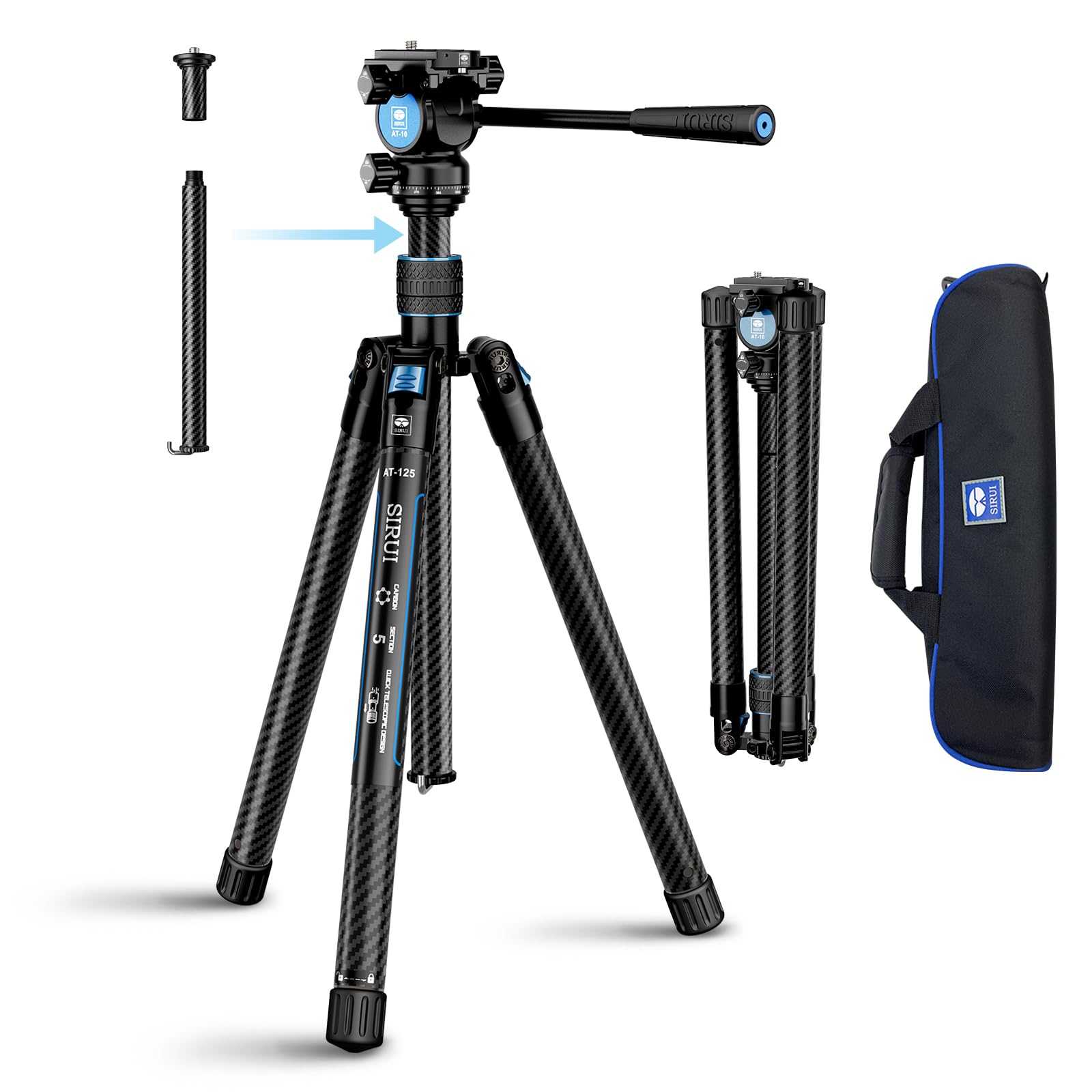 Sirui Carbon Fiber Tripod Lightweight 2Lbs With Panoramic Fluid Head, 59.8� Compact Camera Tripod Quick Release Leg Setup, Reversible Center Column, Reverse Folding Legs, Max Load 11Lbs   Traveler X