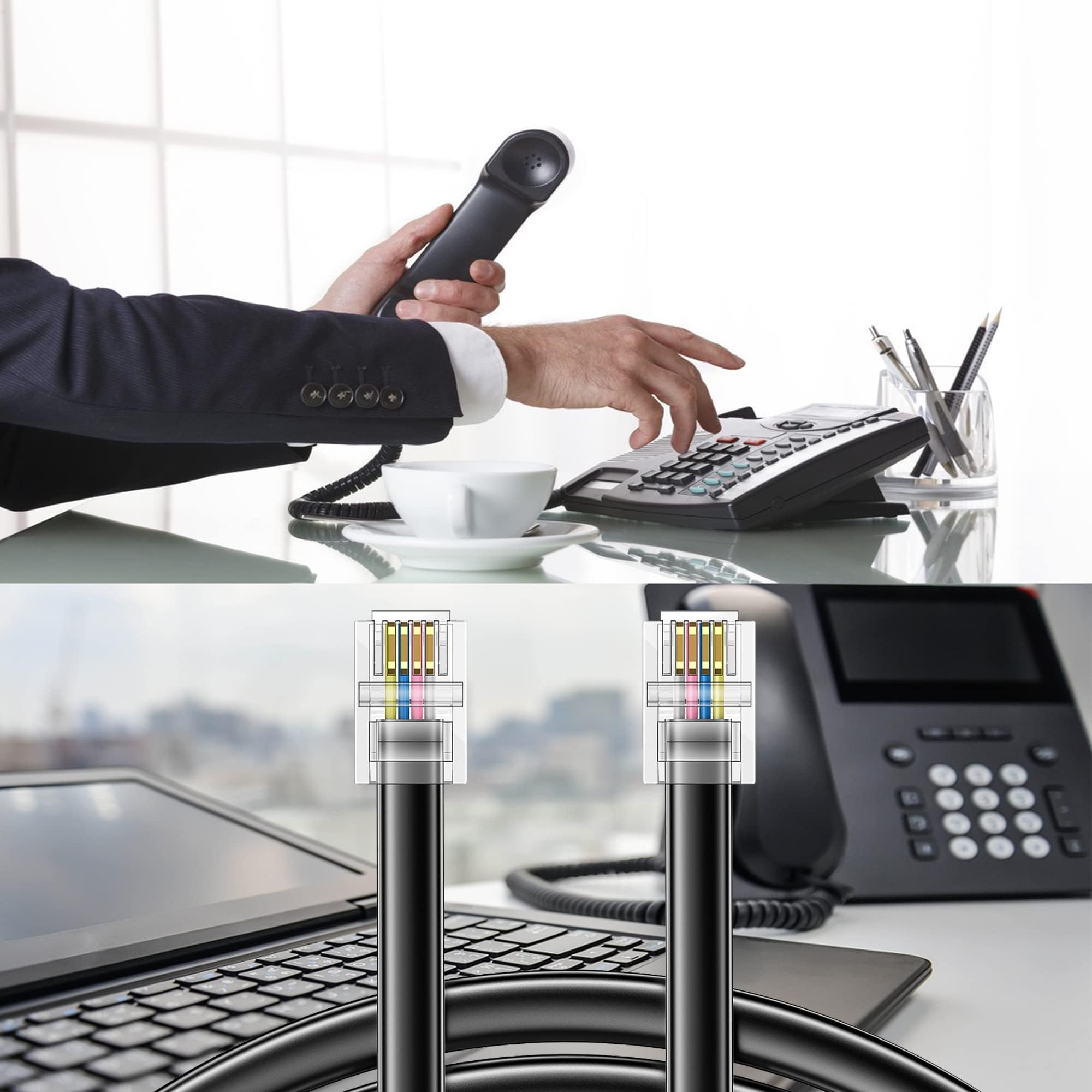 Seefeful 20 Feet Long Telephone Extension Cord Phone Cable Line Wire, With Standard Rj11 Plug And 1 In Line Couplers And 15 Cabl