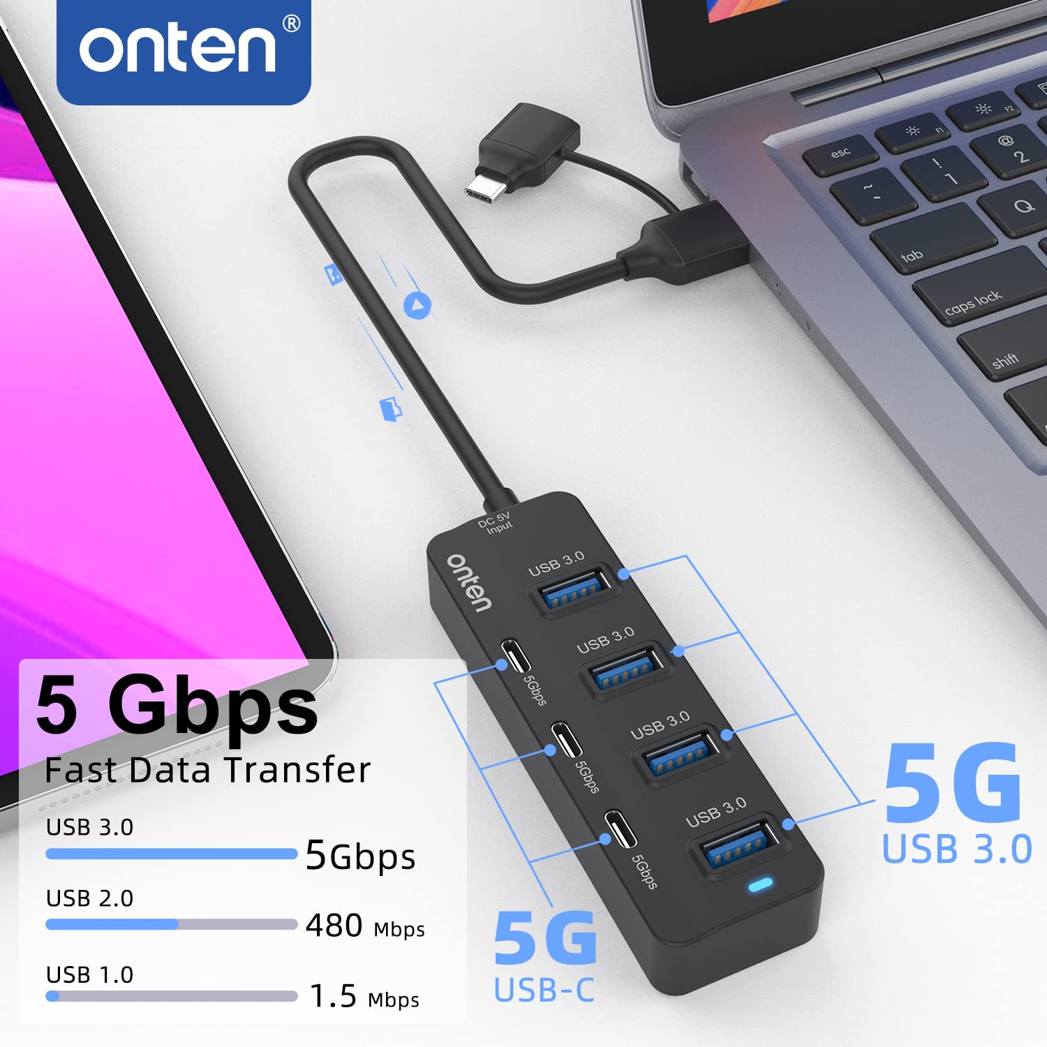 Onten Usb C Hub,7 Ports Usb3.0 To Usb C Hub With A Usb C To Usb 3.0 Adapter. 3.2Ft Cable 4*Usb3.0 Ports,3*Usb C Ports Forthunderbolt 3/4 Macbook Surface Pro And More Usb/Usb C Devices