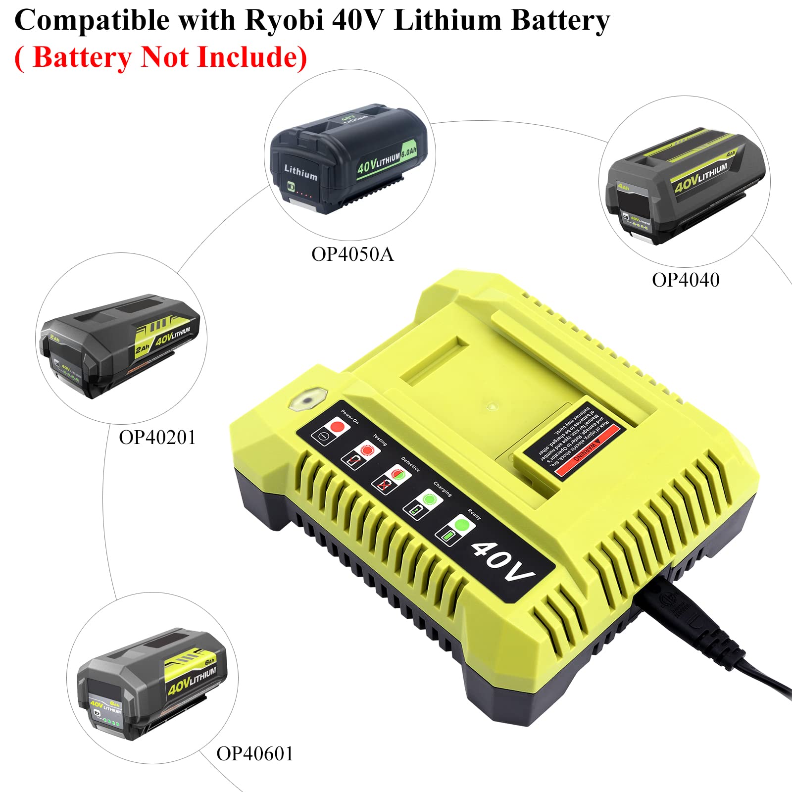 Elefly Op401 Compatible With Ryobi 40V Battery Charger Op404 Op406A, Compatible With Ryobi 40V Lithium Battery Op4040 Op4060A Op