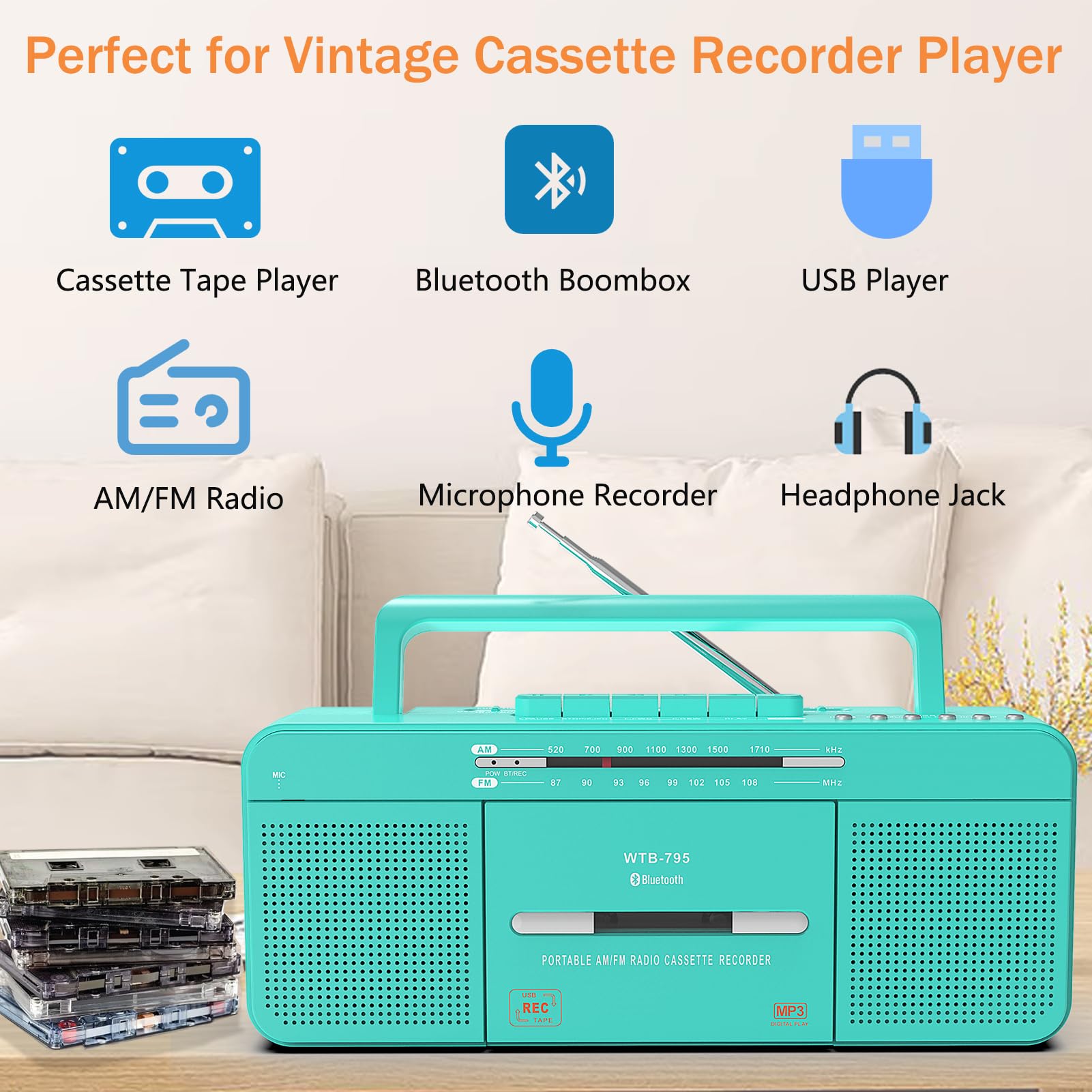 Portable Retro Classic Cassette Player Recorder With Bluetooth,Usb,Am/Fm Radio Stereo,Tape Player/Recording,Usb Playback/Recordi
