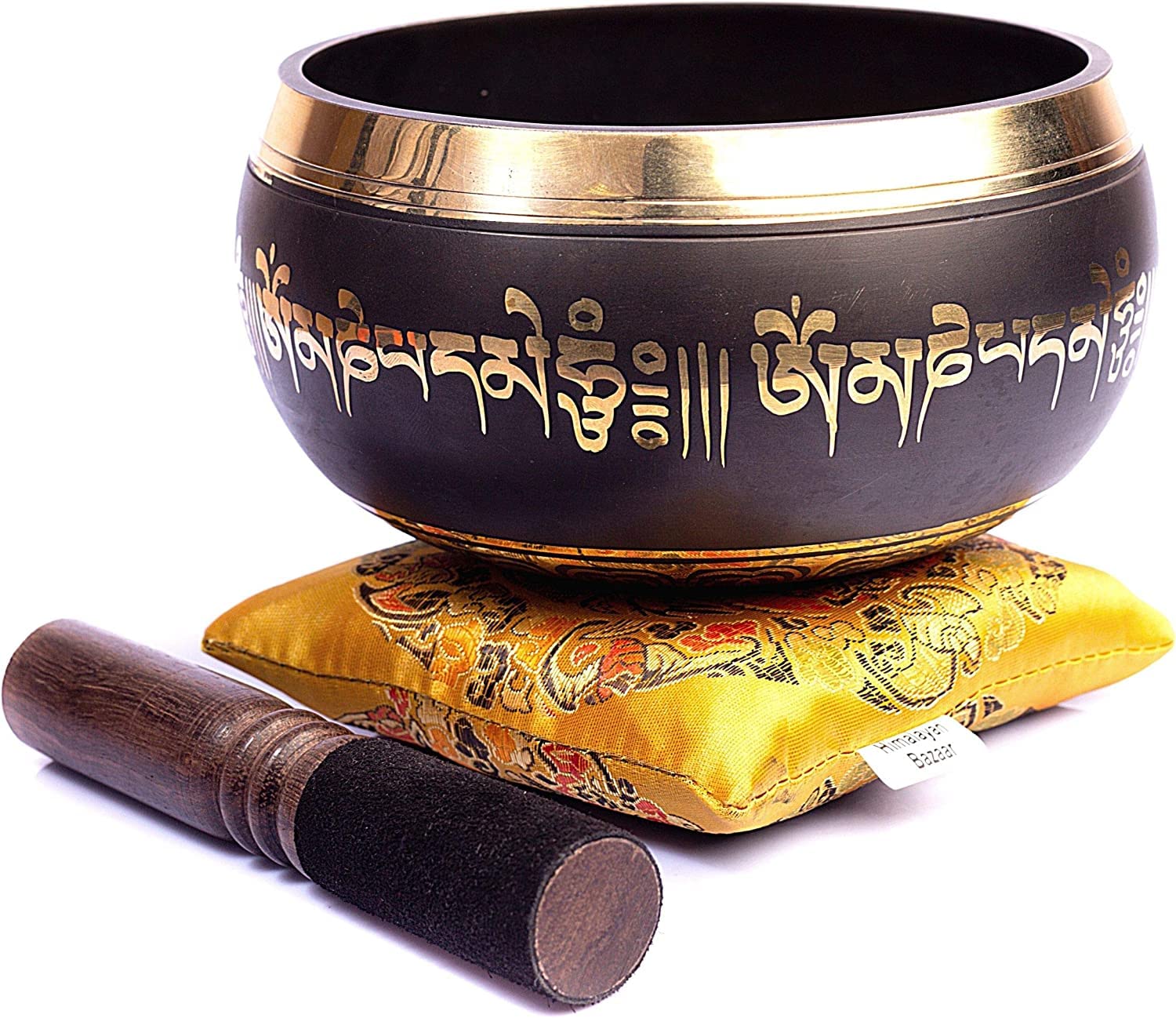 Tibetan Singing Bowl Set Bronze   Master Healing Grade   With Tibetan Thangka Art   Pure Tone By Himalayan Bazaar (Black & Yello