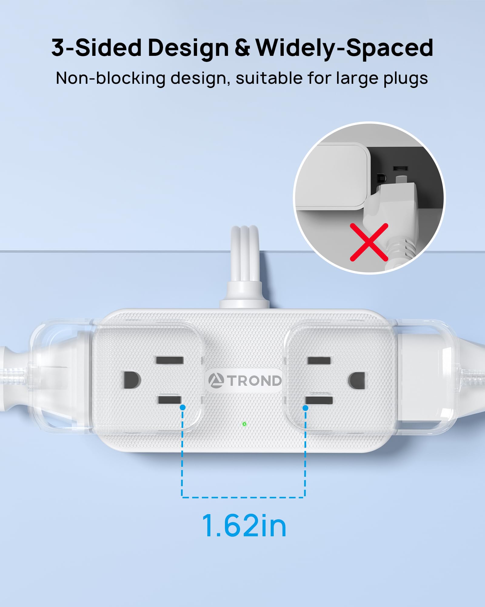 Trond Outlet Extender With 6 Inch Cord, Flat Plug Adapter With 4 Electrical Sockets, 900J Surge Protector, Wall Mountable, Multi