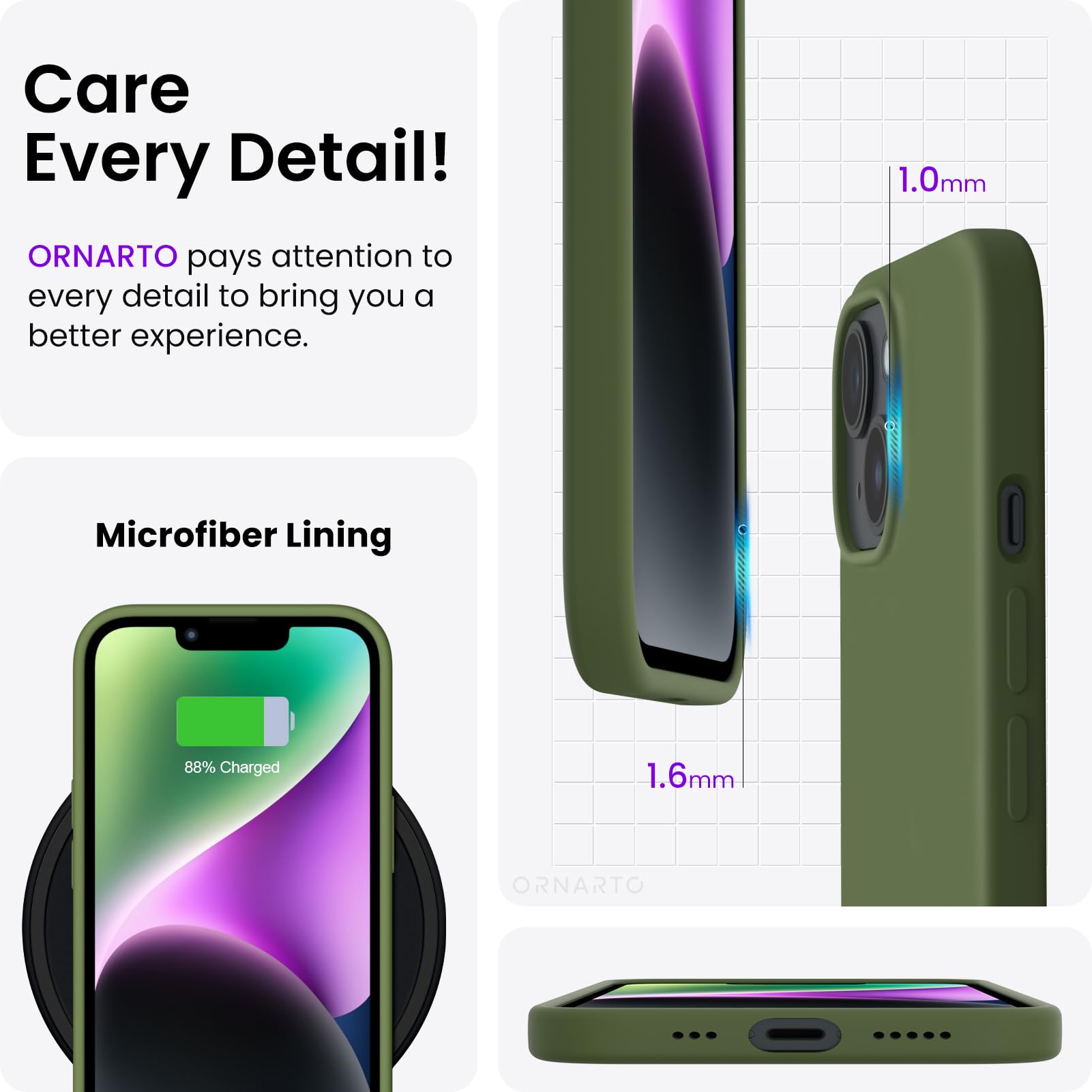 Ornarto Compatible With Iphone 14 Case 6.1, Slim Liquid Silicone 3 Layers Full Phone Covered Soft Gel Rubber Case Protective Pho