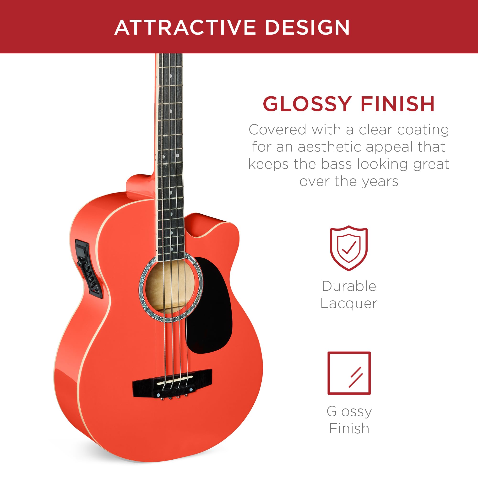 Best Choice Products Acoustic Electric Bass Guitar, Full Size 4 String, Fretted Bass Guitar W/Padded Gig Bag   Red